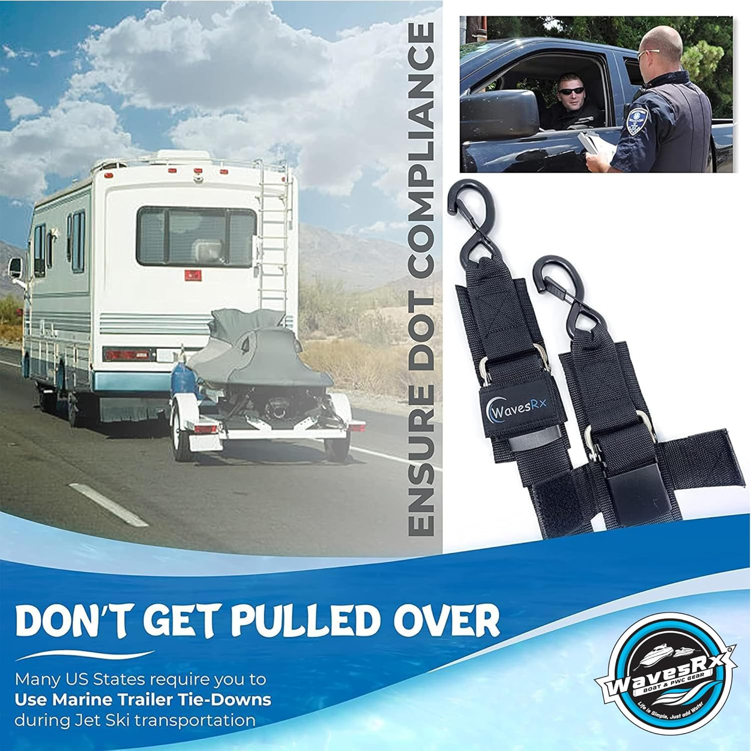 Wavesrx Marine Boat Trailer Transom Tie-Down (2 Pack) | Adjustable 2"X48" Safety Straps | 1200 LBS Capacity to Securely Transport Boats, Jet Skis and Other PWC image number 4