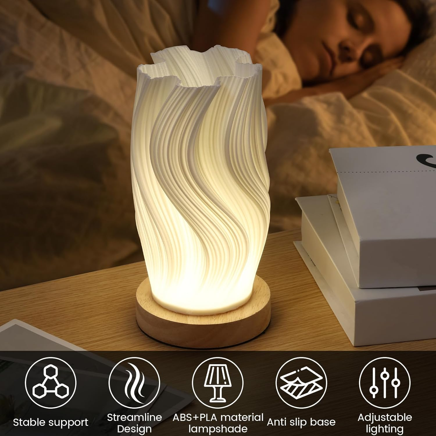 Table Bedside Lamp with Woodbase, Versatile Touch Control Table Lamp for College Dorm, Nightstand PLA Lampshade Living Room Bedroom (Black) image number 6