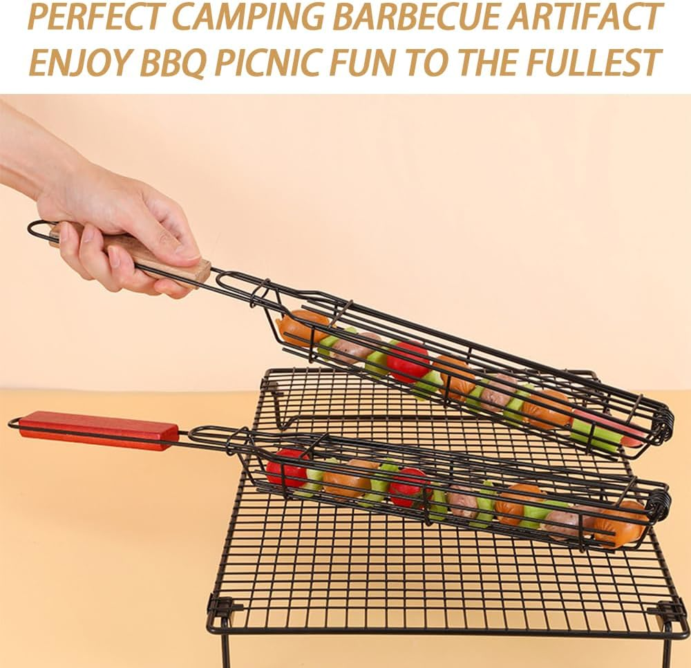 2 Pack Non-Stick Single Kabob Baskets, Barbecue Grill Basket，Bbq Square Grill Mesh with Long Wooden Handle for Fish Vegetable Sausage Meat