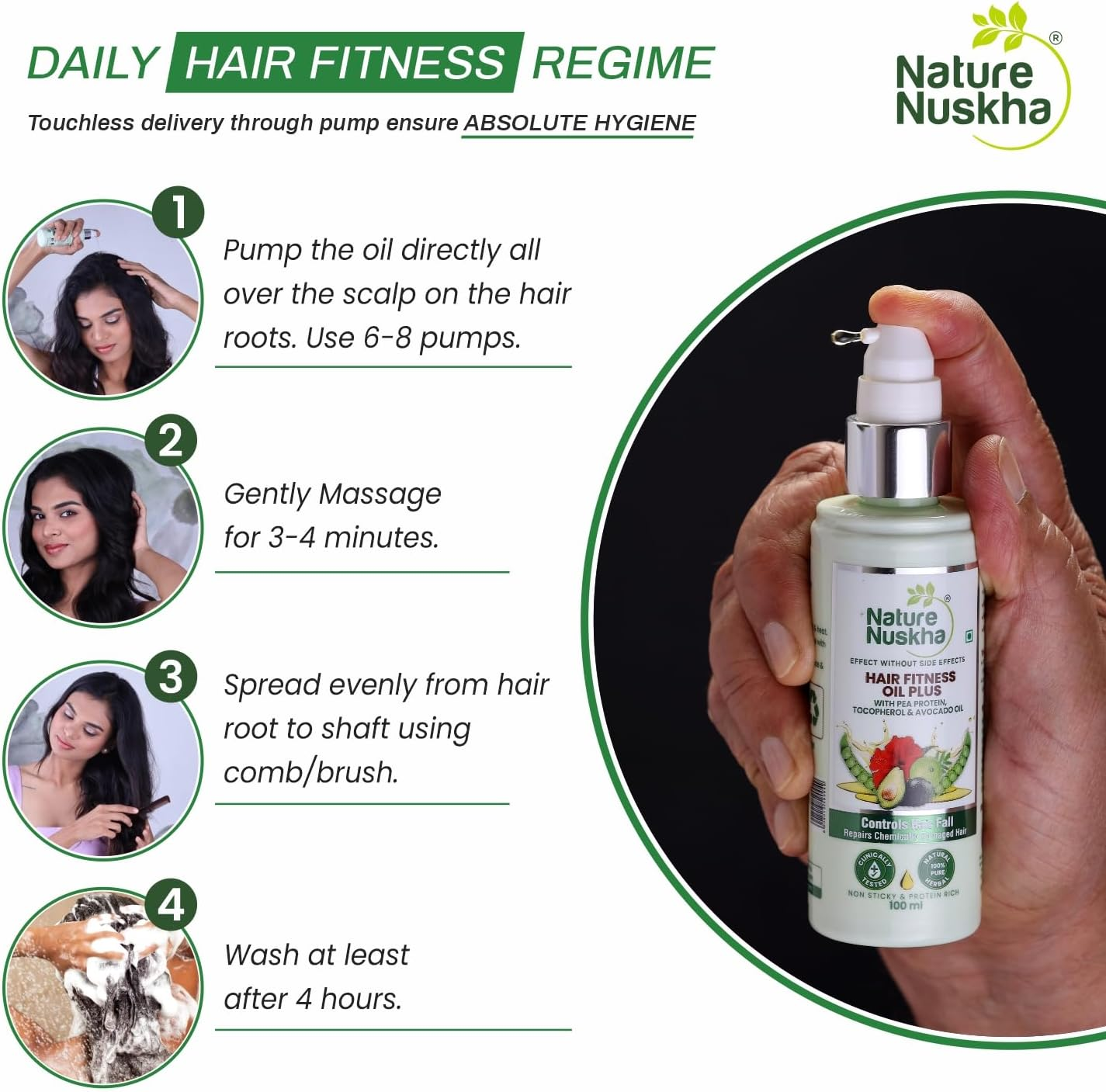 Nature Nuskha Hair Oil plus with Pea Protein, Tocopherol and Avacado Oil, Controls Hair Fall, Repairs Chemically Damaged Hair, Non-Sticky, for Women & Men, All Hair Types, 100Ml image number 1