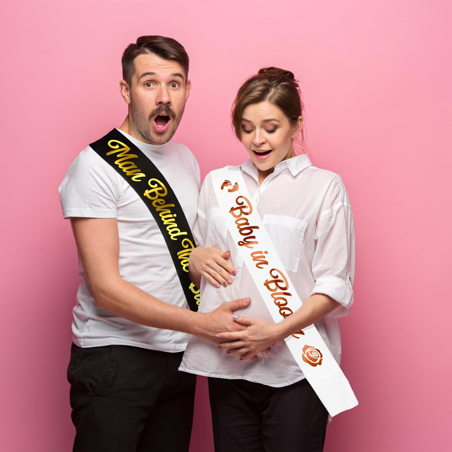 2 Pcs Mom to Be & Dad to Be Baby Shower Sash, White Baby in Bloom Sash and Black Man behind the Bump Sash (Custom- Lengthened) for Gender Reveal Decorations, Idea Gifts for Baby Shower image number 3
