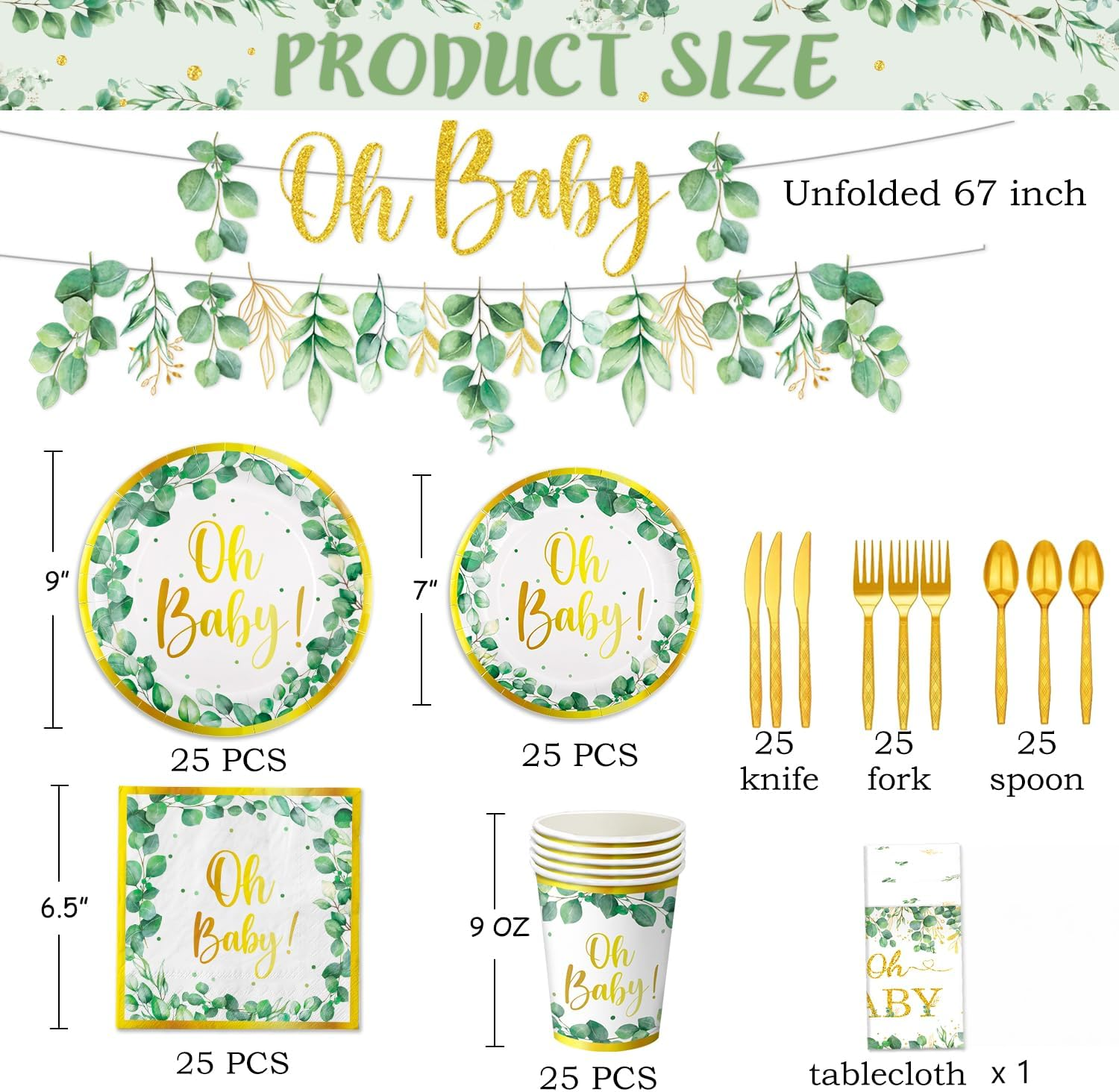 177 PCS Sage Greenery Baby Shower Party Supplies Gender Neutral Baby Shower Decorations OH Baby Banner Paper Plates Napkins Cup Cutlery Tablecloth for Girl Boy Sage Green Baby Shower Decorations image number 5