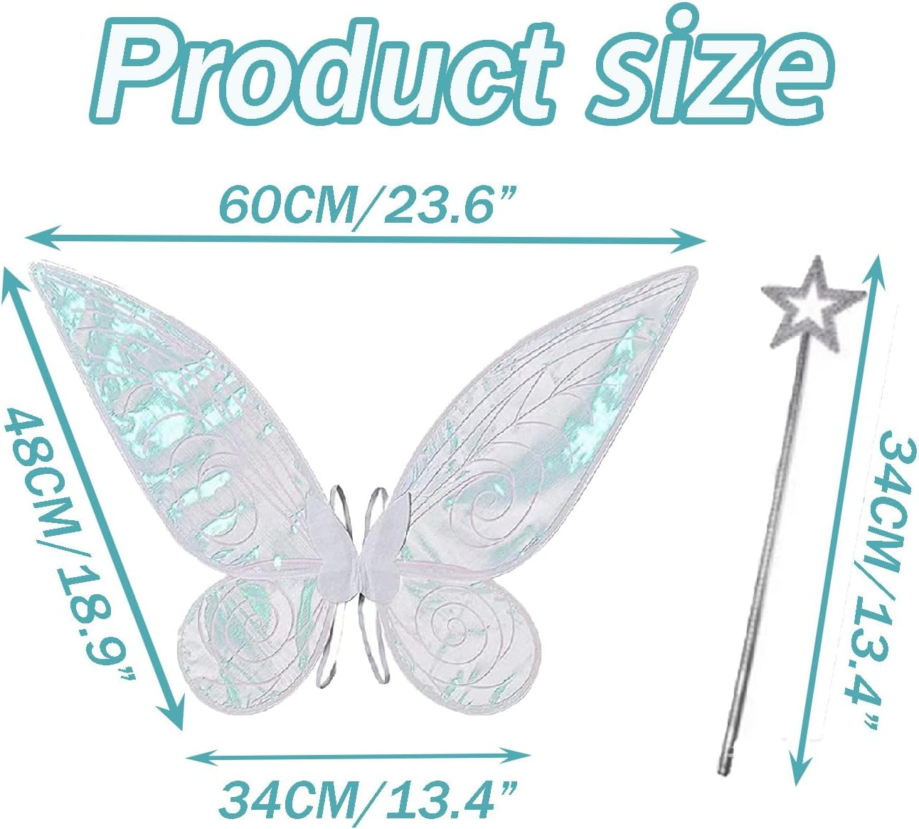 Wzenclave Fairy Wings with Star Wand Shiny Transparent Princess Wings Colorful Butterfly Wings Angel Elf Wings Stage Children'S Festival Party Performance Women Halloween Dress up Party (White) image number 5