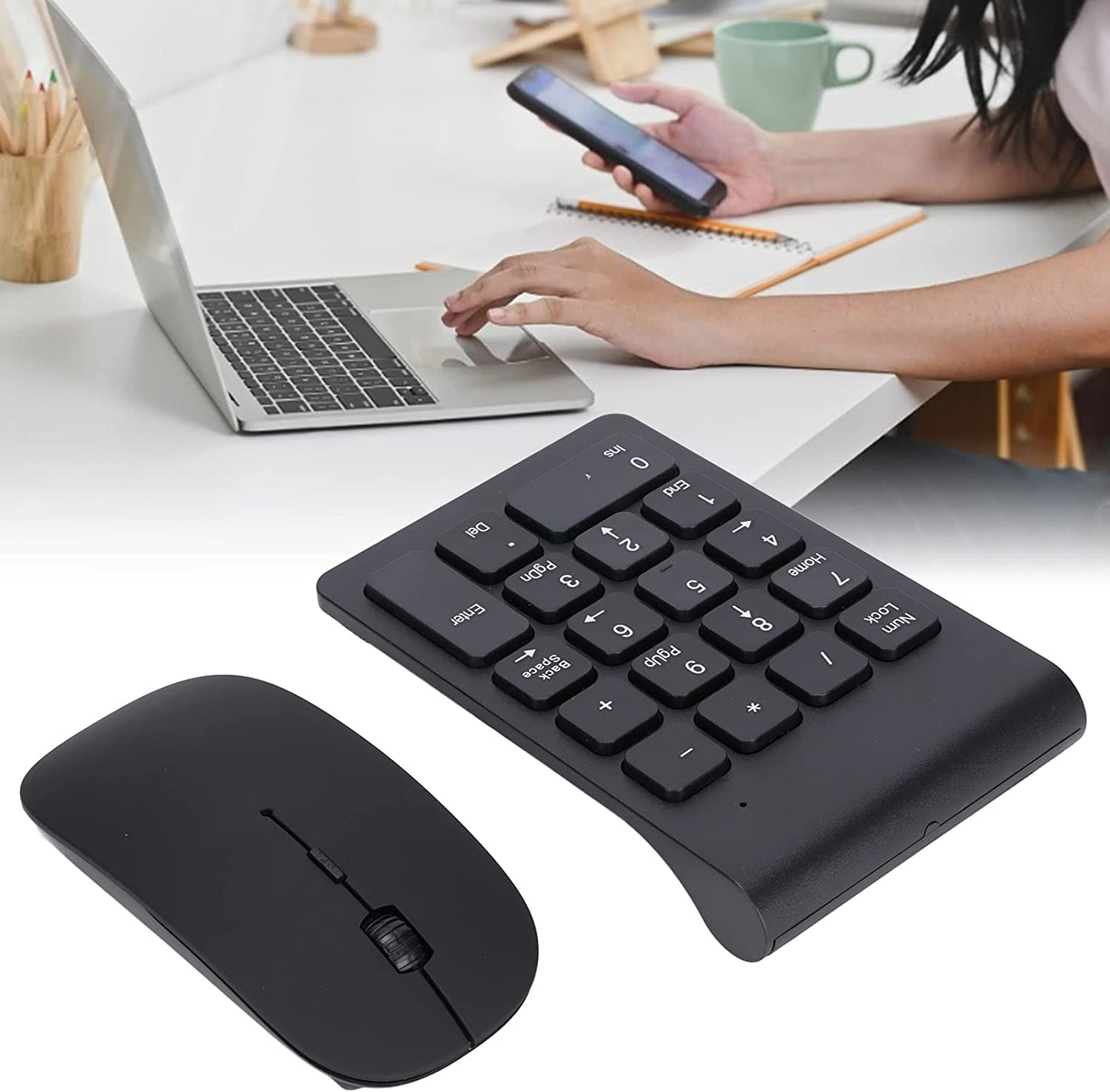 Wireless Number Pad and Mouse Combo, Portable Ultra Slim 2.4Ghz USB Wireless 18 Keys Numeric Keypad and Mouse Set for Laptop, Notebook, Desktop, PC Computer, Plug and Play, Black
