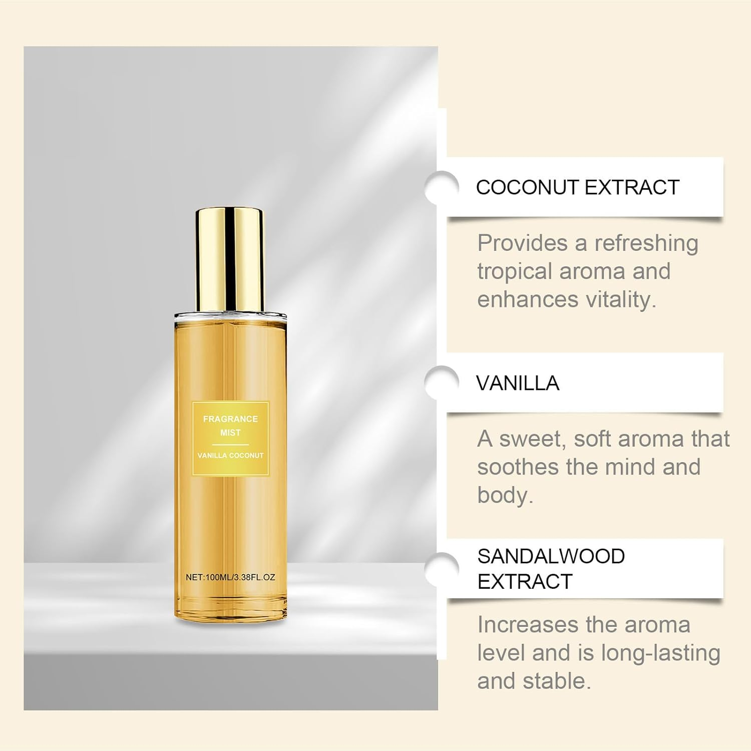 Vanilla Coconut Fragrance Mist, 100Ml Coconut Vanilla Perfume Spray, Hydrates Van/Illa Skin Body Mist Spray Perfume, Long-Lasting Perfumes Mi/St with Light Fragrance for Skin and Hair Care (5 PCS) image number 3