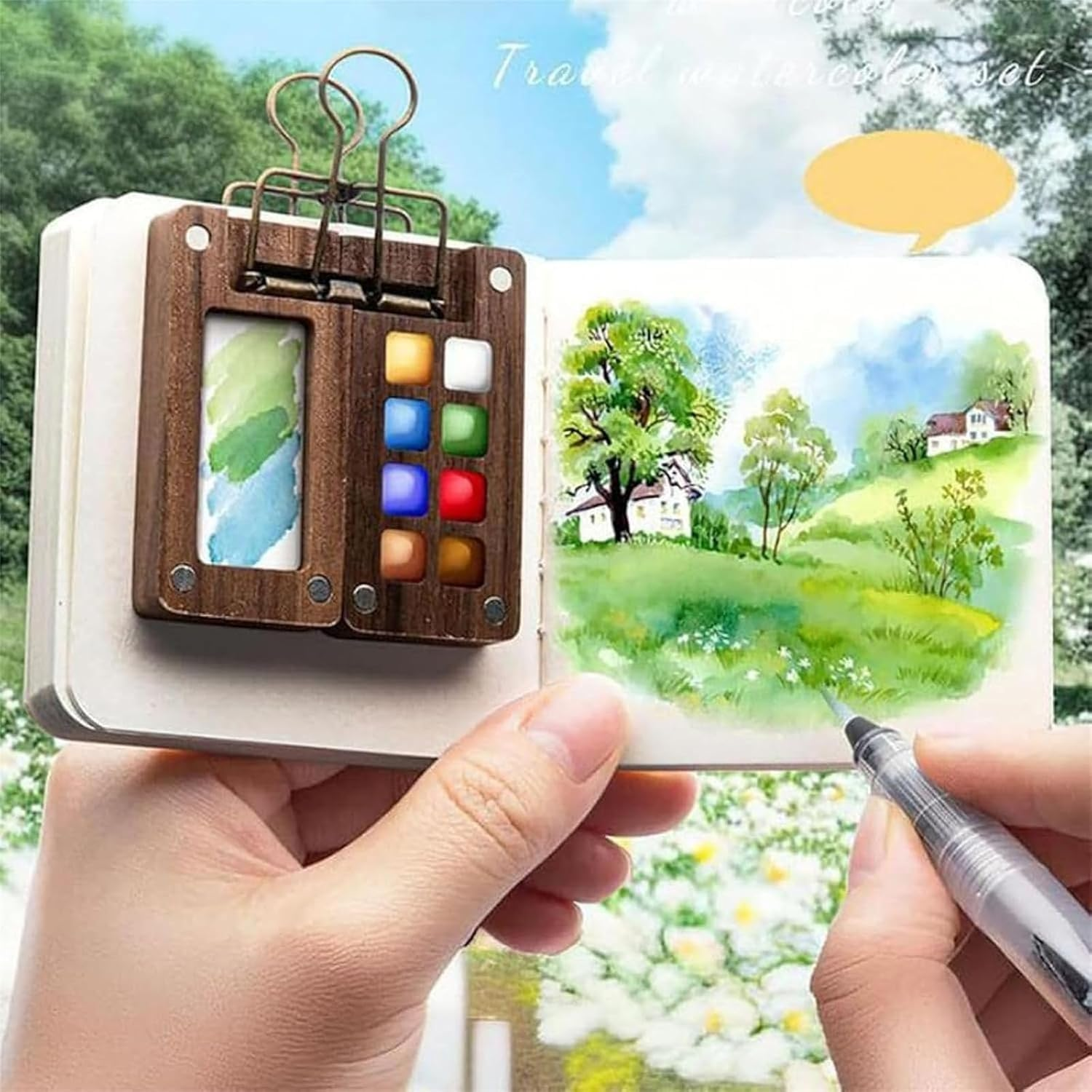Nano Palette Watercolor, Pocket Artist Watercolor Travel Set, Sketchbook Wooden Palette Box and Travel Artist Brushes Set, Mini Portable Watercolor Travel Set (8 Grids,Walnut) image number 6