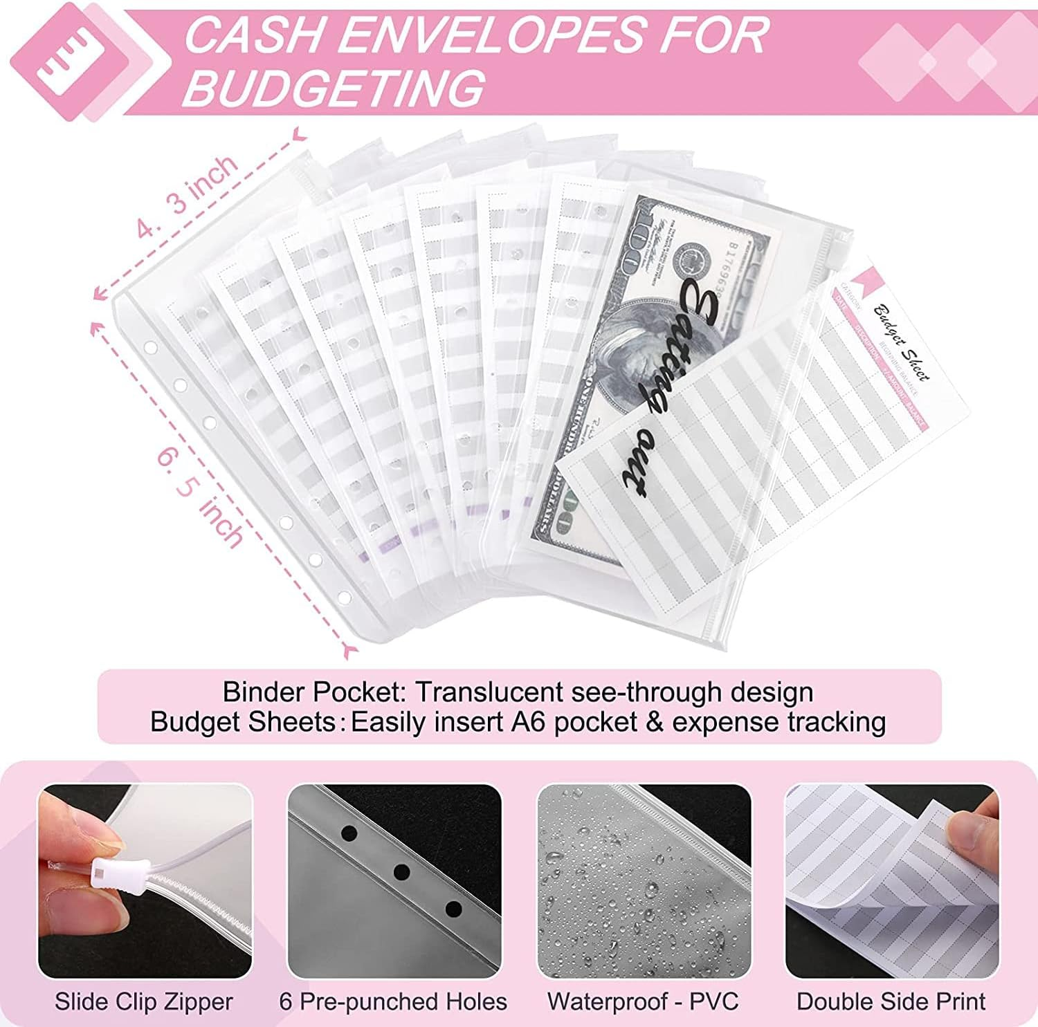 A6 PU Leather Binder Budget Planner Organizer - 6 Ring Binder Cover with 8 Pockets, 12 Expense Sheets & 2 Category Stickers - Money Saving Budget Planner (Pink) image number 1