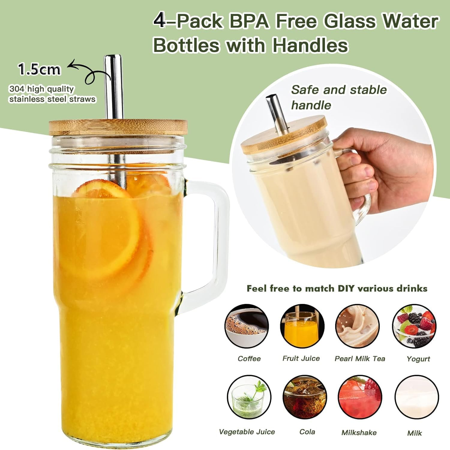 Glass Cup with Bamboo Lids and Straws 4Pcs 24Oz/700Ml Mason Jar Drinking Glass with Handle Straw Brush-Wide Mouth Reusable Drinking Glasses for Water Iced Tea or Coffee image number 2