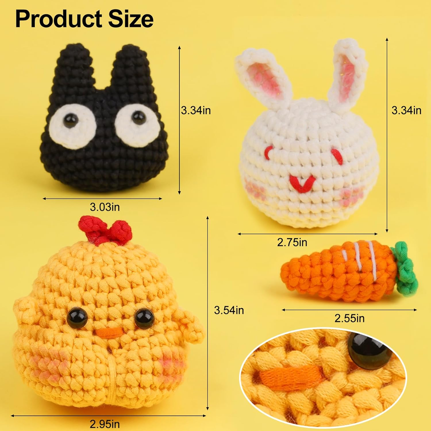 XSEINO Crochet Kit for Beginners,Crochet Start Kit with Step-By-Step Video Tutorials,Learn to Crochet Kit for Adults and Kids - Cat,Chick,Rabbit,Carrot image number 4