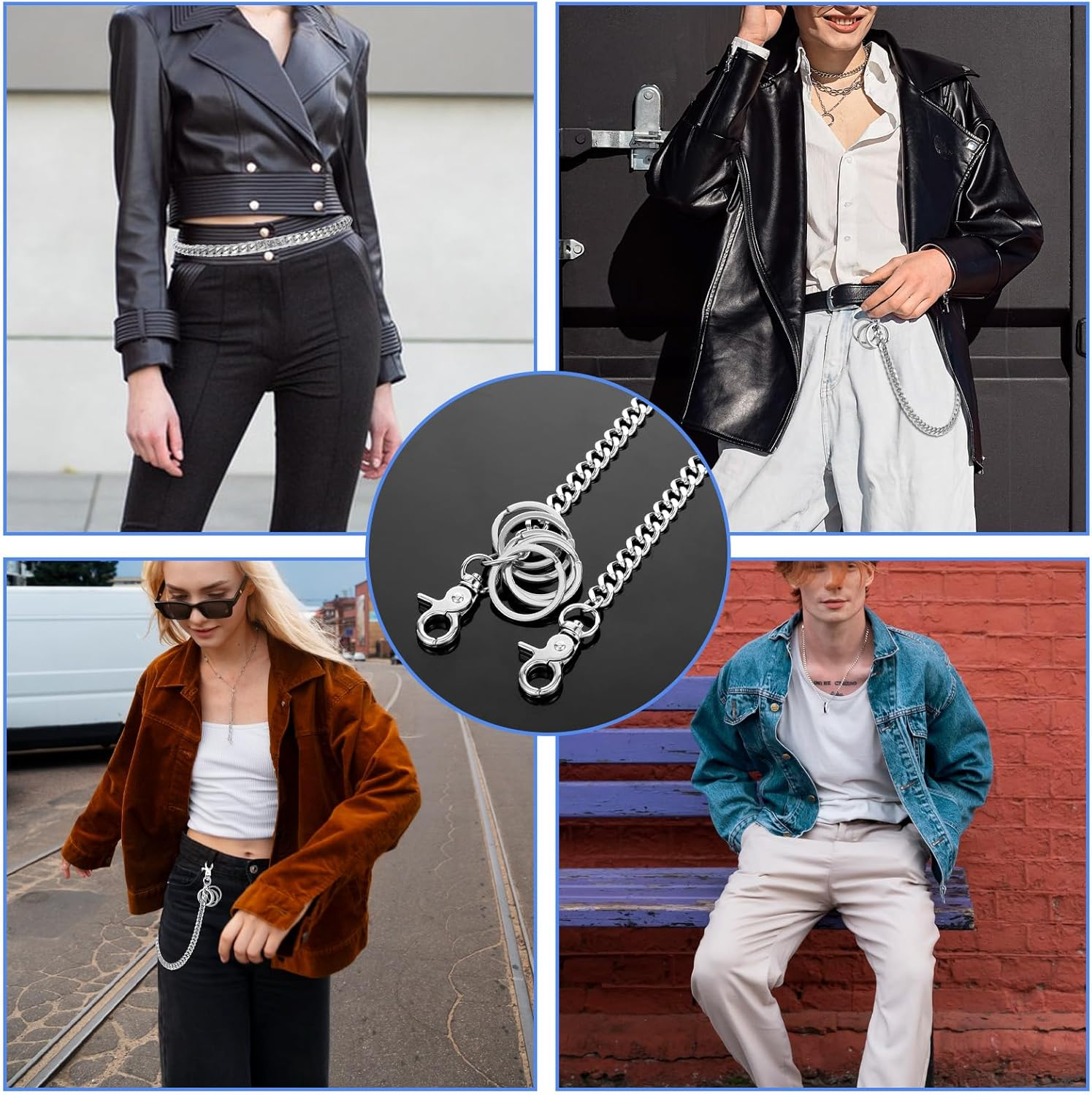 Wallet Chain Heavy Duty Pocket Keychain 23 Inch with 5 Keyrings Punk Trousers Pants Chain for Pants Keys Belt Goth Accessories (Silver) image number 5