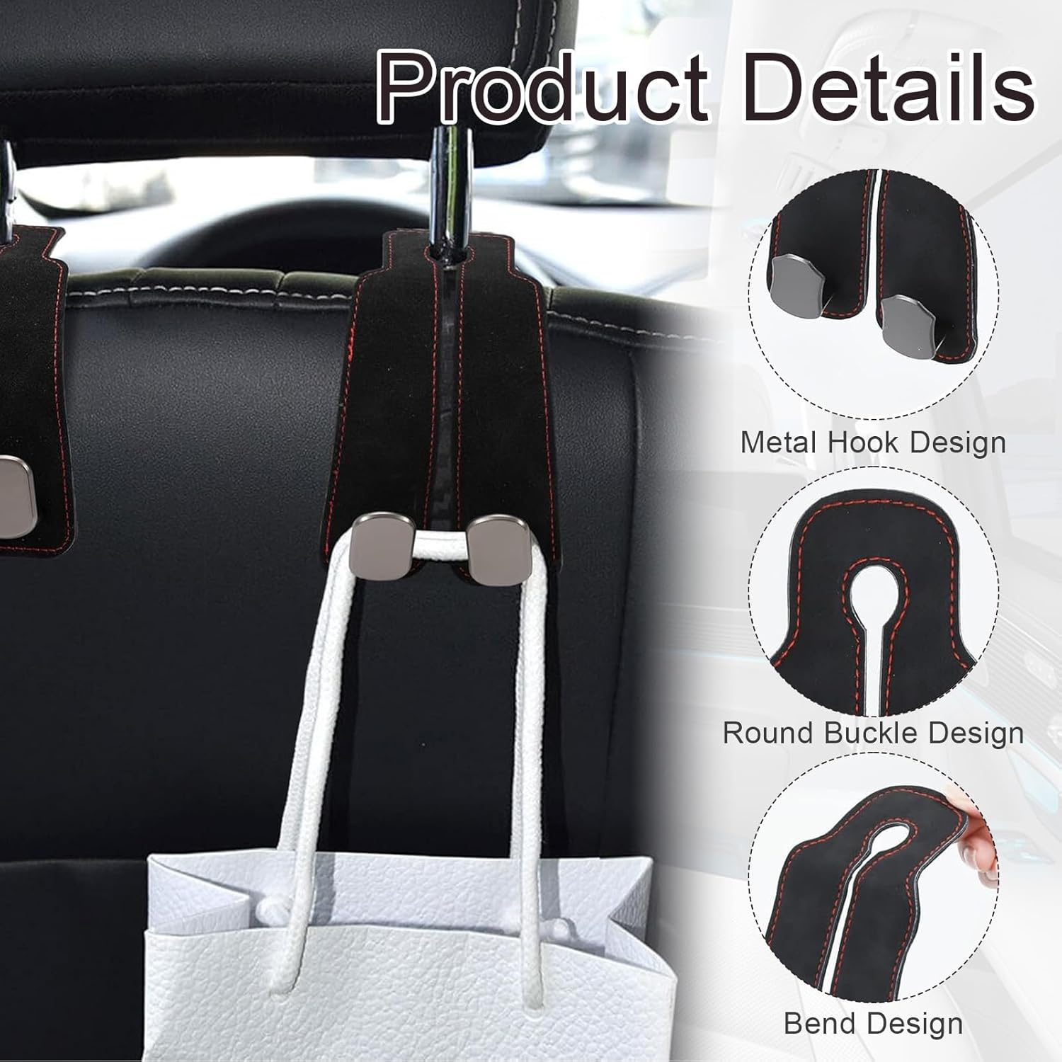 Debbery 2PCS Car Bag Hooks, Leather Car Seat Organiser Hooks, Multifunctional Back Seat Hooks for Headrest for Hanging Bags, Purses and Handbags image number 1