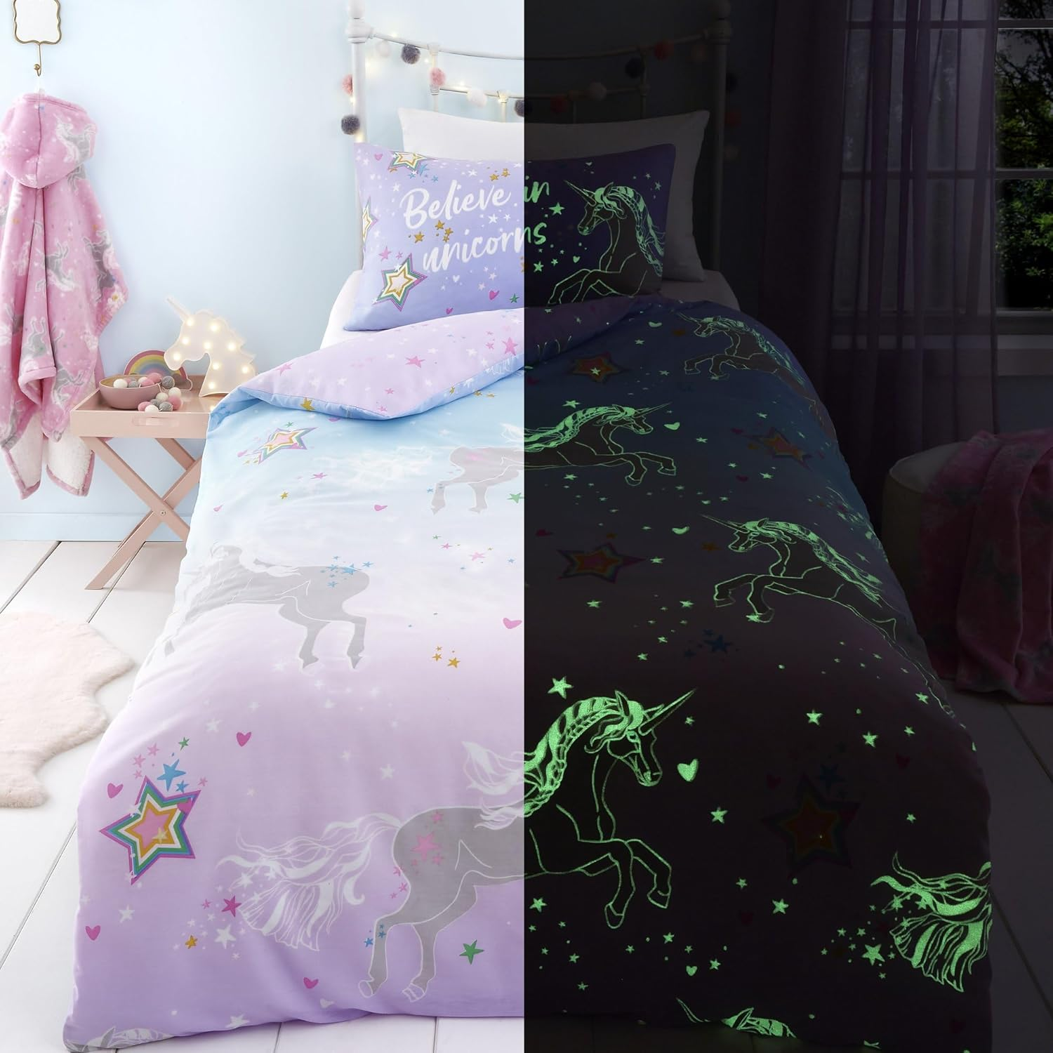 Bedlam Ombre Unicorn Glow in the Dark Duvet Cover Set Double Lilac image number 6