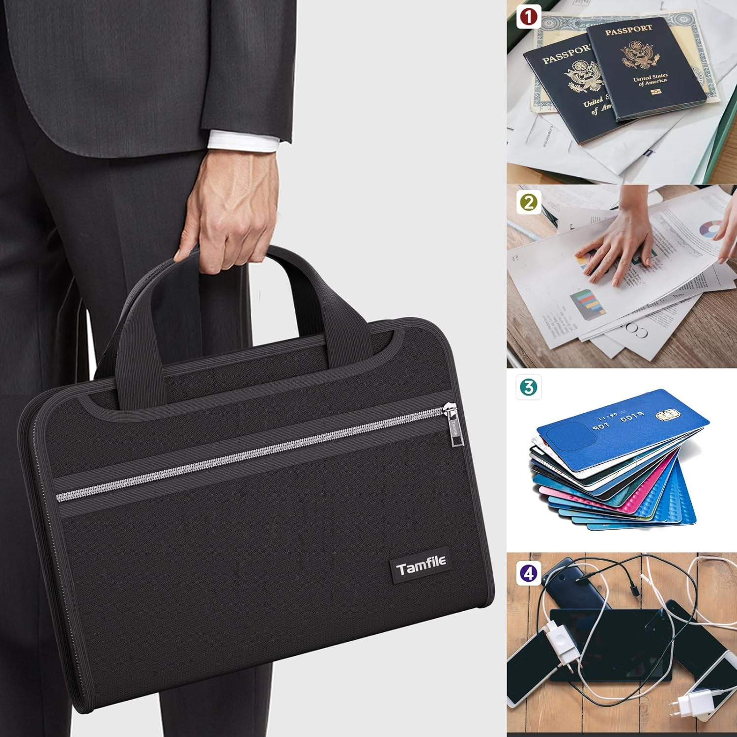 Tamfile Fireproof Accordion File Organizer with Handle, 13 Pocket Expanding File Folder with Zipper & Labels, File Folder with Multi-Pockets Paper Organizer Folder for Letter A4 Files, Black - Blue image number 3