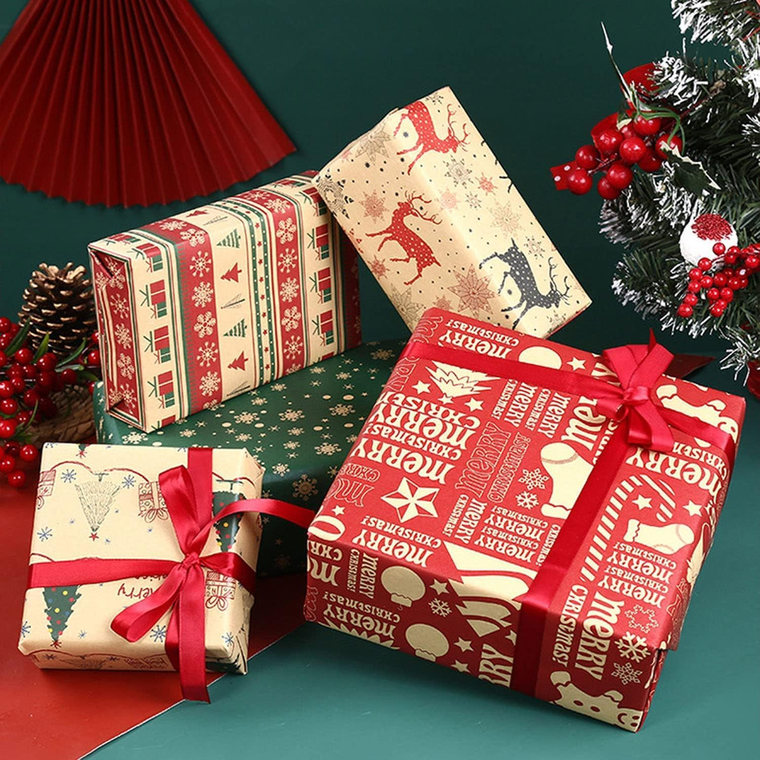 Eco-Friendly Renewable Wrapping Paper, 12Pcs+8M Tape+4Roll Ribbons - Cute Vintage Package for Christmas, Bridal & Baby Showers, Birthdays, Friendsmas image number 4