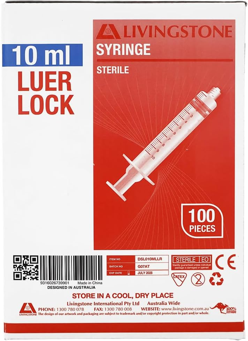 Livingstone Syringe 10Ml Luer Lock Tip Red Plunger Sterile Box of 100