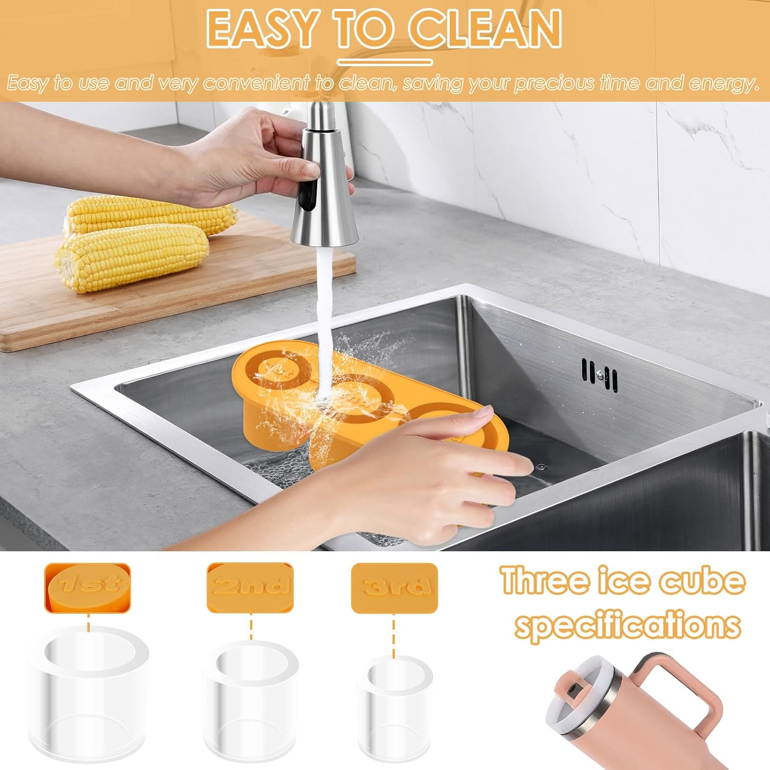 Ice Cube Tray for Stanley, 3 Hollow Cylinder Ice Cube Molds with Lid and Storage Box, Silicone Ice Cube Maker for 30-40 Oz Tumblers Cups, Easy to Release Ice Maker Cube Tray for Drinks (Orange) image number 4