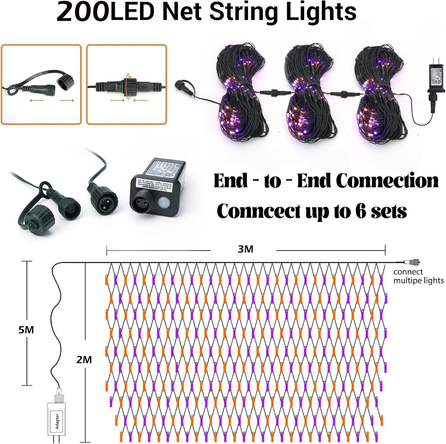 200LED Halloween Net Lights Outdoor, 3 * 2M Mesh Light Halloween Light 8 Modes Timer Connectable Waterproof Orange Purple Bush Light for Halloween Outdoor Decorations image number 3