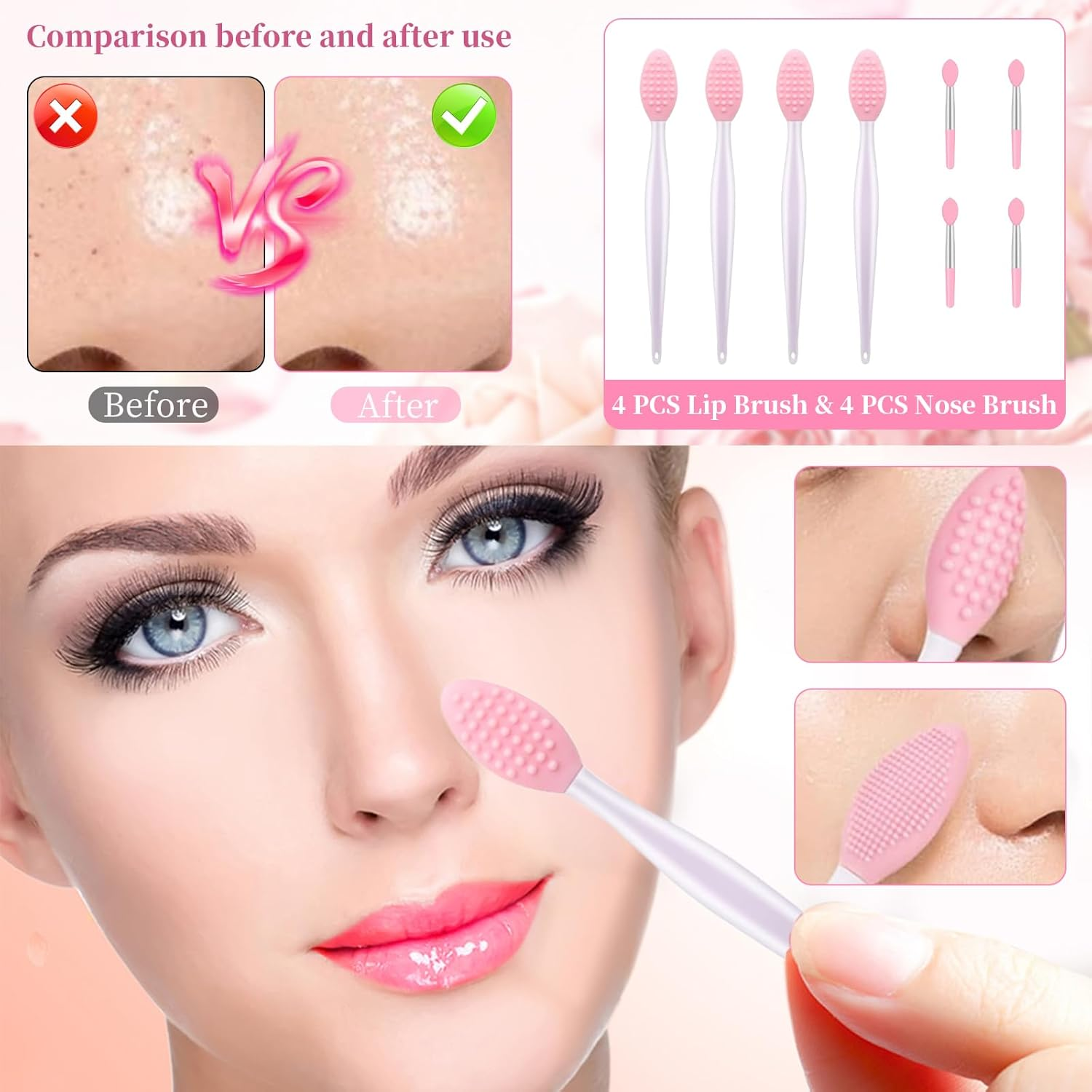 4 PCS Lip Brush & 4 PCS Nose Brush, Double-Sided Exfoliating Lip Scrubber, Soft Silicone Makeup Brushes & Applicator Tools for Smooth Lips & Nose, Gentle Exfoliation & Precise Balm Application (Pink) image number 1