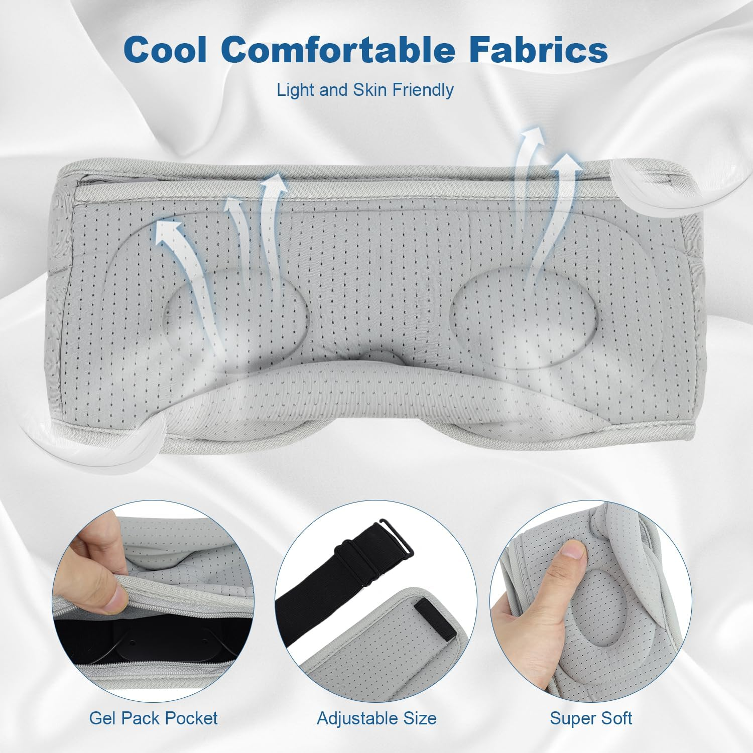 AURTEC 360&deg; Blackout Sleep Eye Mask with Wireless Bluetooth 5.2 Headphones, Comfortable and Adjustable 3D Design, White Noise for Insomniacs, Long Battery Use for Travel/Nap/Camping/Night Sleep Grey image number 5