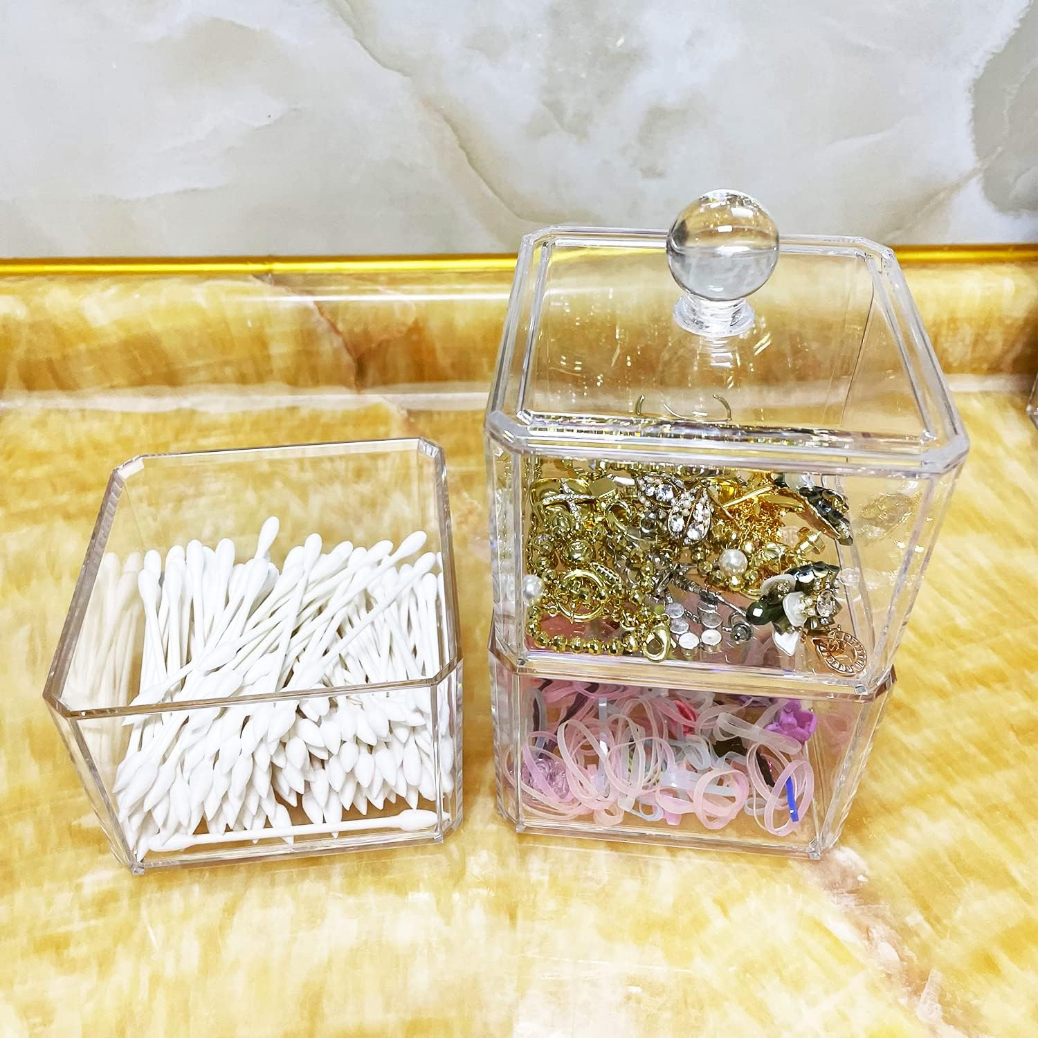 ZEQIDOU Hair Accessories Organizer, Tie Organizer for Girls, Acrylic Accessory Holder, Ponytail and Scrunchie Storage Container, Clear 3 Stackable Holder with Lids for Organizing - Small Portable-2Pcs image number 6