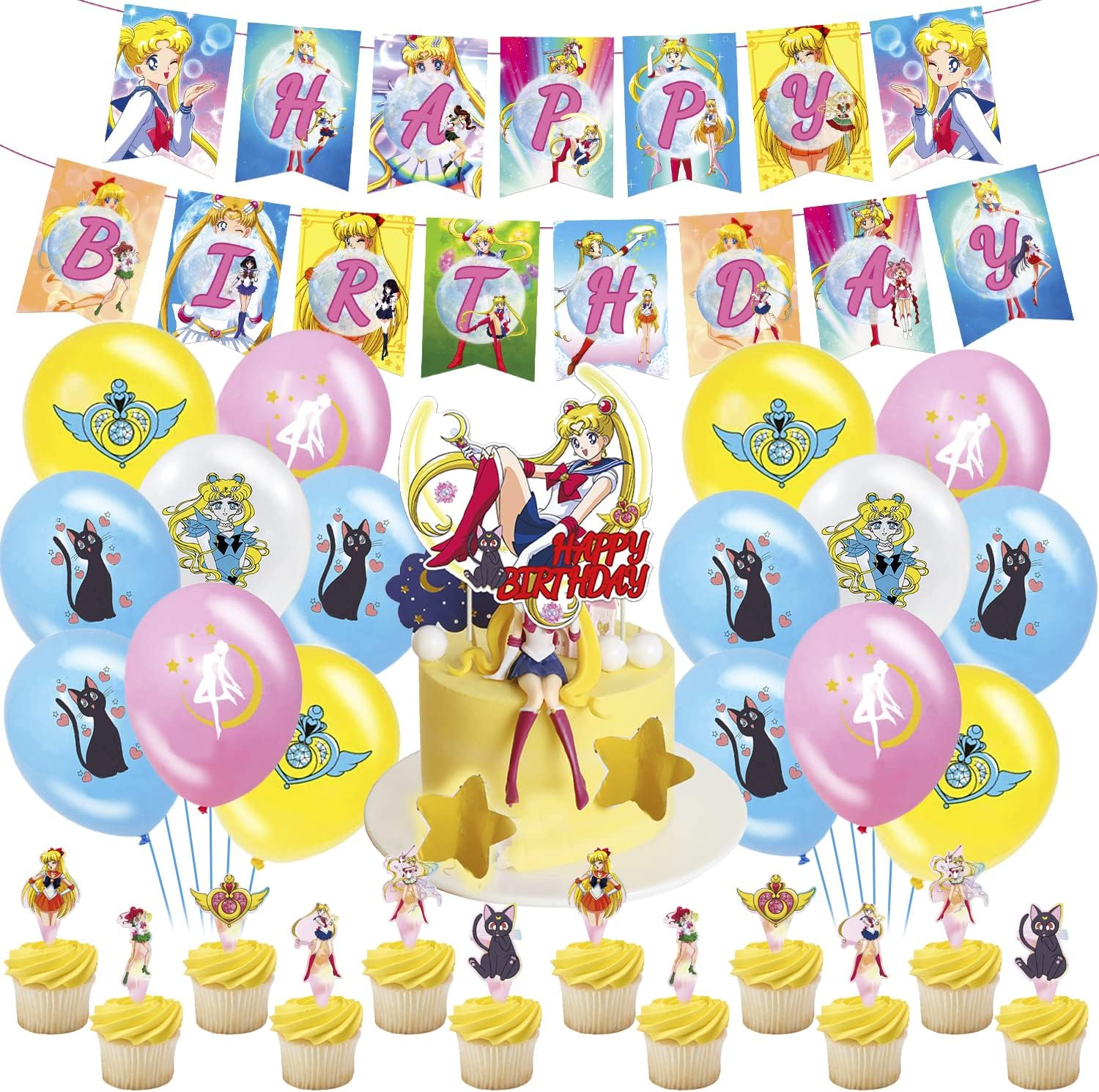 Sailor Moon Birthday Party Decoration Set - 34 Pieces Including Balloons, Happy Birthday Banner, Cake and Cupcake Decorations for Children'S Theme Party