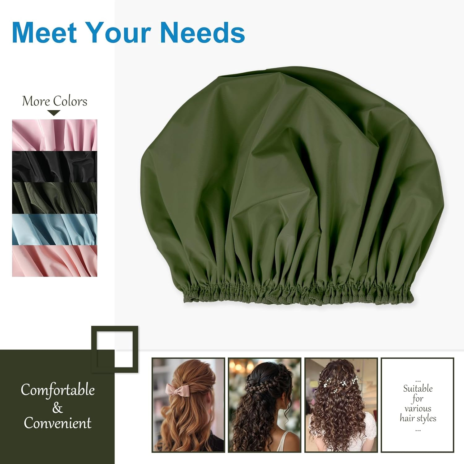 Shower Cap for Women, Double Layer Waterproof Bath Cap, Reusable Hair Protector, Large Waterproof Shower Bonnet Washable Elastic Band Bath Hair Hat for Long Hair, Braids， - Dark Green image number 2