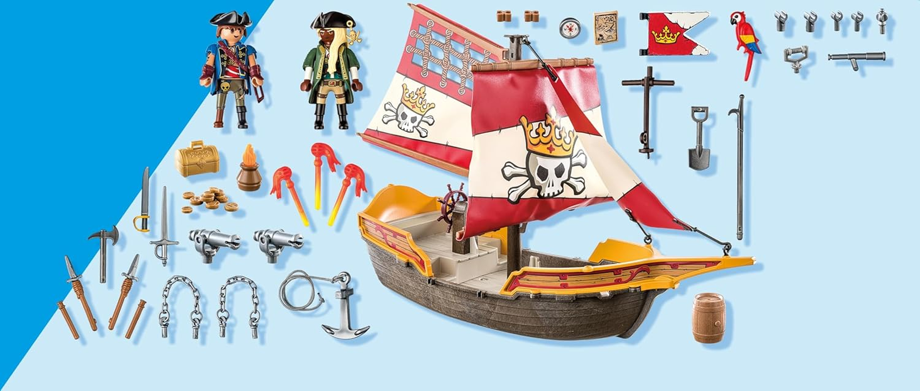 Playmobil Pirate Ship Playset &ndash; Floating Pirate Boat with Cannons, Figures & Accessories, Imaginative Role Play Toy for Kids Age 4+ image number 2