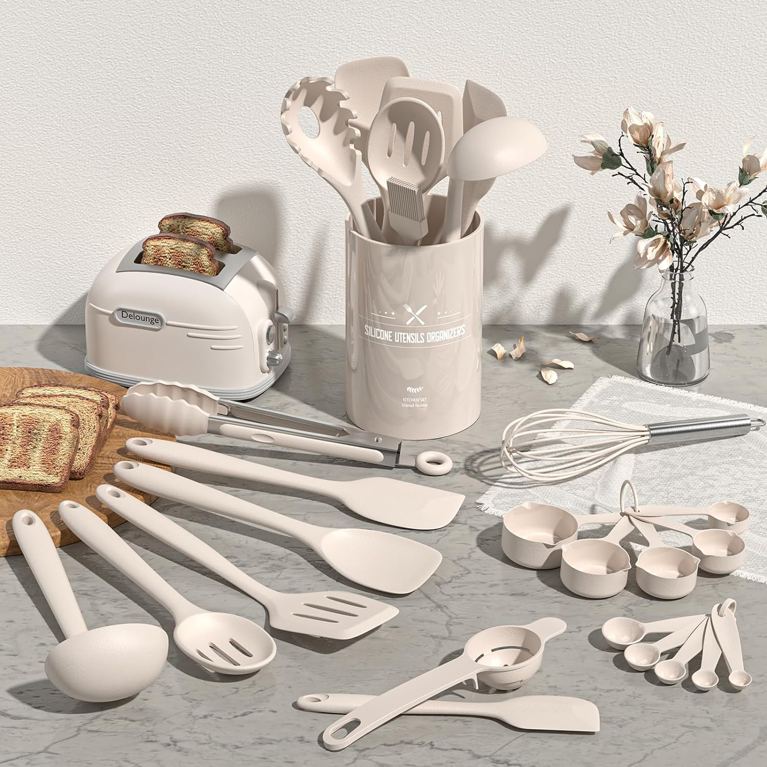 Umite Chef Silicone Kitchen Cooking Utensils Set, 22Pcs Heat Resistant Kitchen Utensils, Spatula, Spoon, Whisk, Dishwasher Safe Kitchen Utensil Gadgets Tools Set for Nonstick Cookware(Khaki) image number 3