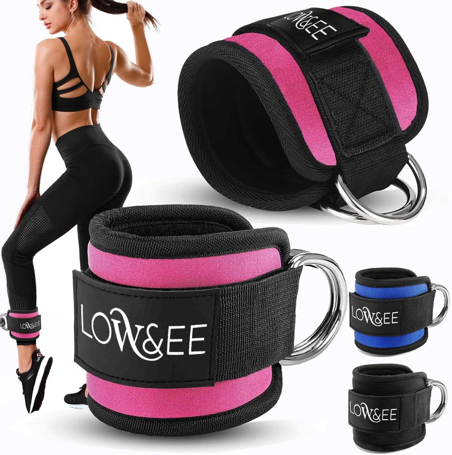 LOW&EE&reg; Pack of 2 Ankle Strap Pulleys Gym - Ankle Brace for Pulley Padded with Velcro for Women and Men - Gym Ankle Strap for Cable Machine Fitness and Gym image number 6