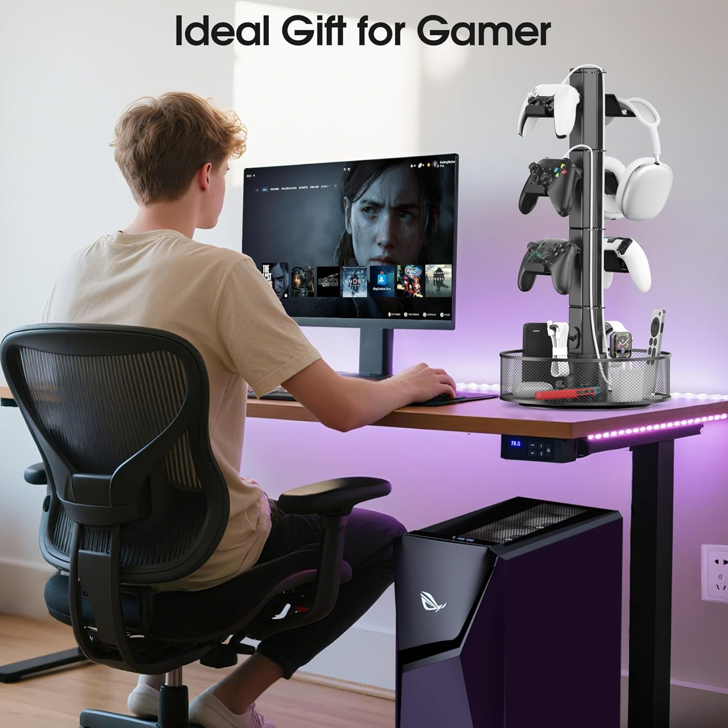 Kosker Rotatable Gaming Controller Holder with Basket for Desk,Universal Headset & Controller Stand for PS 5/PS 4/Xbox/Switch/Pc Accessories,Headphone Holder with Cable Organizer,4 Tiers Black image number 1