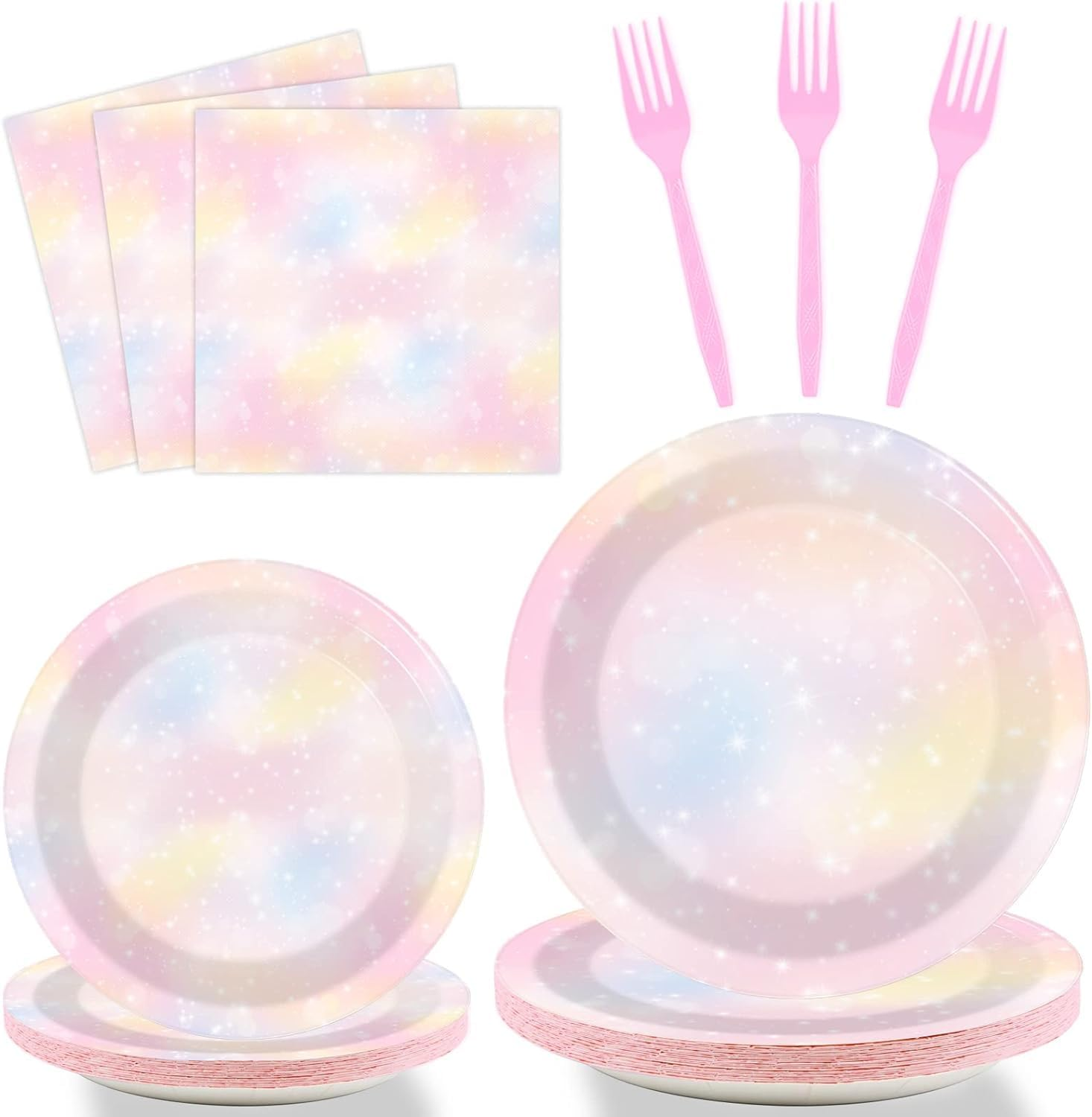 96PCS Pastel Rainbow Tableware Set Rainbow Birthday Dinnerware Plates Rainbow Cloud Party Plates Forks for Birthday Weddings Party Decorations Supplies 24 Guests image number 1