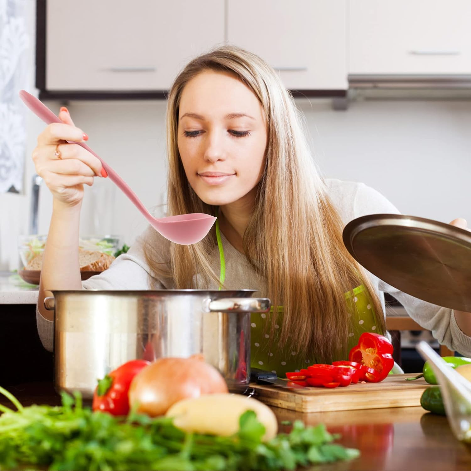 Silicone Ladle for Cooking - Comfortable Grip, Seamless Rubber, Non-Stick to Avoid Scratching - Pink