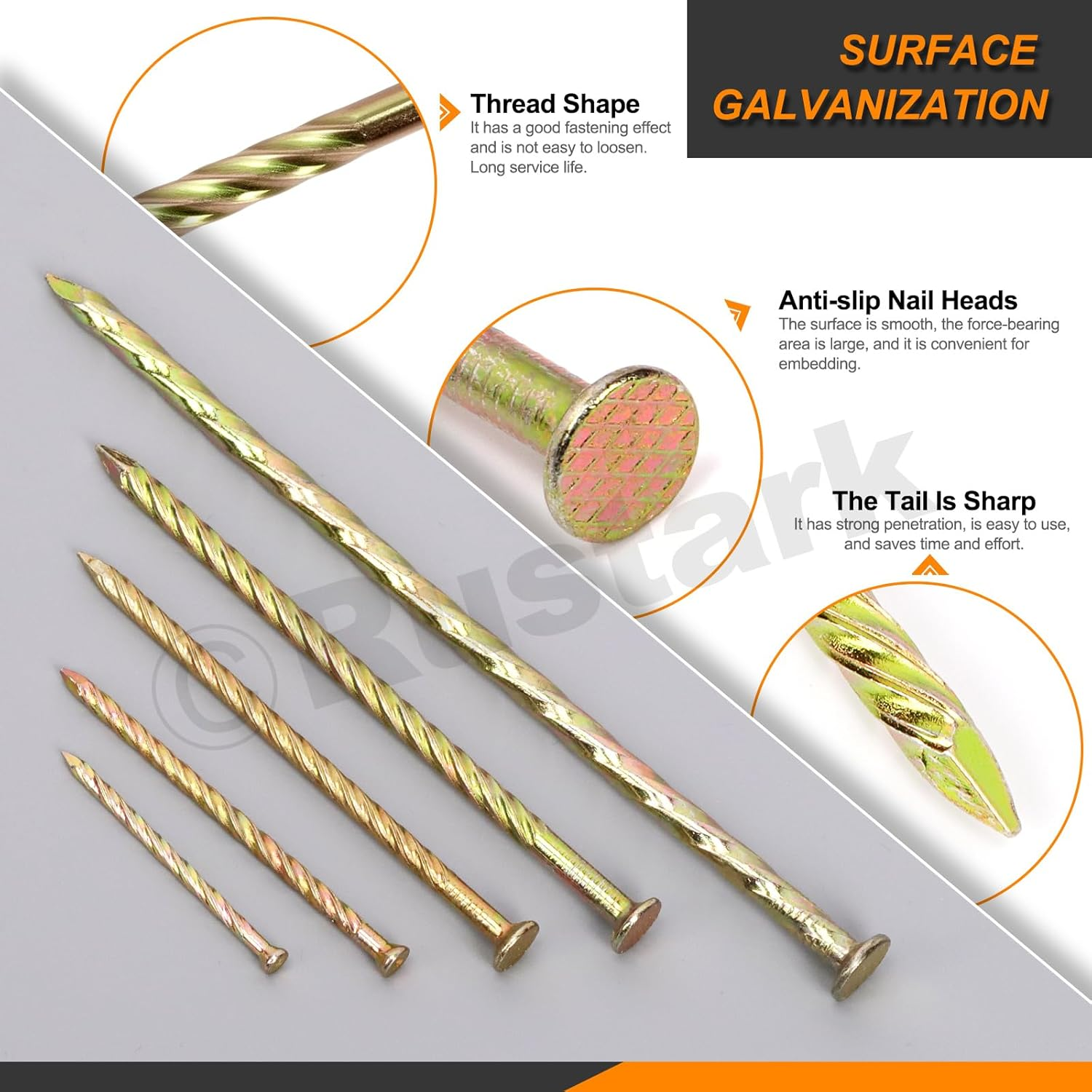 Rustark 200Pcs 5 Sizes Spiral Deck Nails Assortment Kit Fence Deck Nails Spiral Shank Deck Nail Floor Hardware Screw Nail for House Repairing Wall Floor image number 5