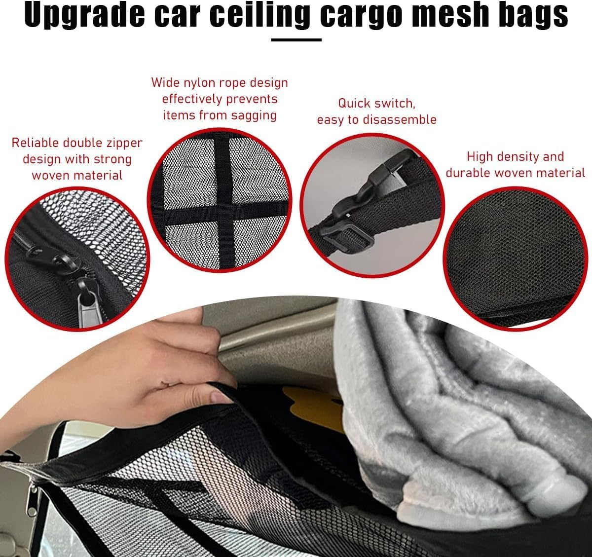 Car Ceiling Cargo Net Pocket, 78Cm&times;53Cm Strengthen Load-Bearing and Droop Less Mesh Organizer, Double-Layer Adjustable Buckle Roof Cargo Net for Long Travel Road Trip image number 5