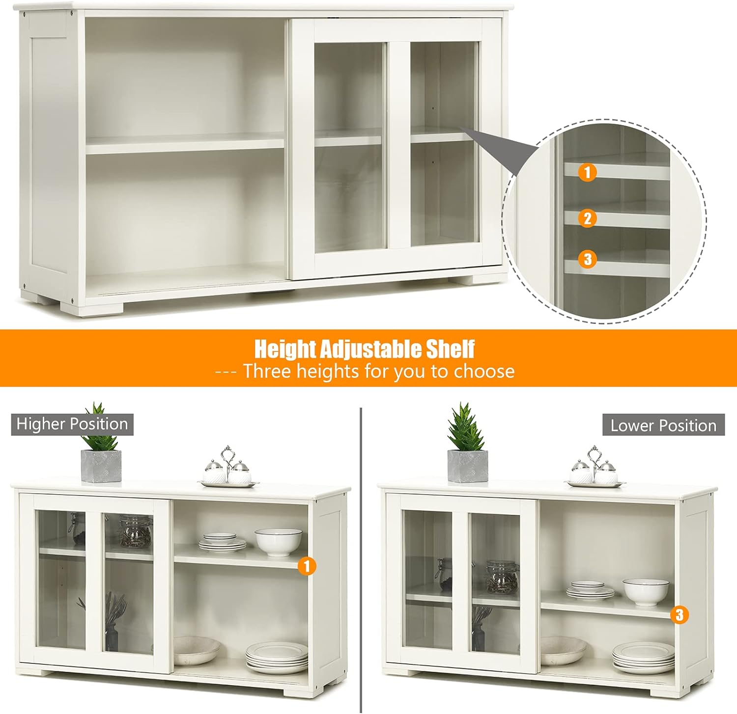 Giantex Kitchen Storage Sideboard, Buffet Storage Cabinet W/Adjustable Shelf, Dining Buffet Server Cabinet Cupboard with Glass Sliding Door Panels, Wooden Console Table for Home Kitchen (Beige)