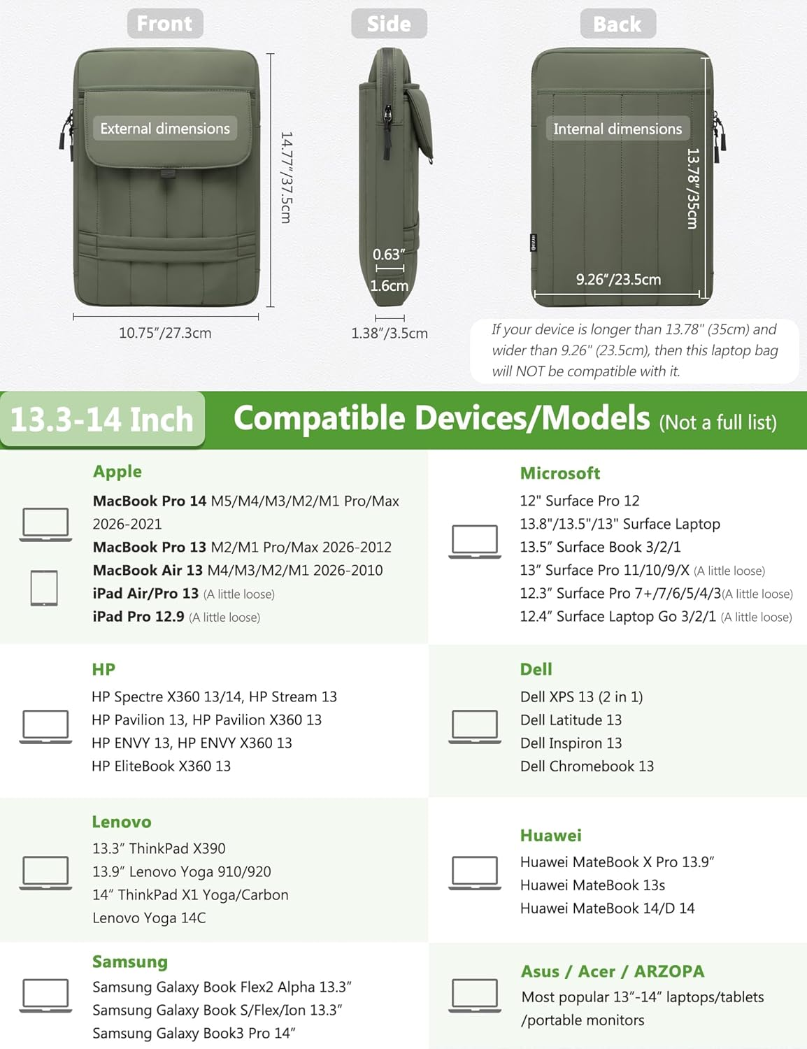 HYZUO 13.3-14 Inch Puffy Laptop Sleeve Padded Handbag for 13"-14" Macbook Pro/Air, 13" 13.3" Dell/Hp/Lenovo/Asus/Acer Notebook Chromebook, Women Slim Shoulder Bags Work Daily Bag, Midnight Green image number 2