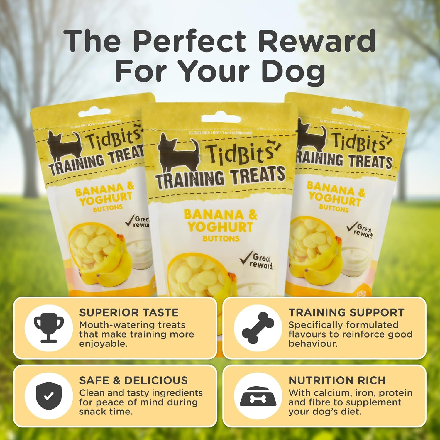 Tidbits Training Treats 225G, Banana & Yoghurt - Healthy Probiotic Boost, Protein & Calcium-Rich - Ideal for Training & Positive Reinforcement image number 1