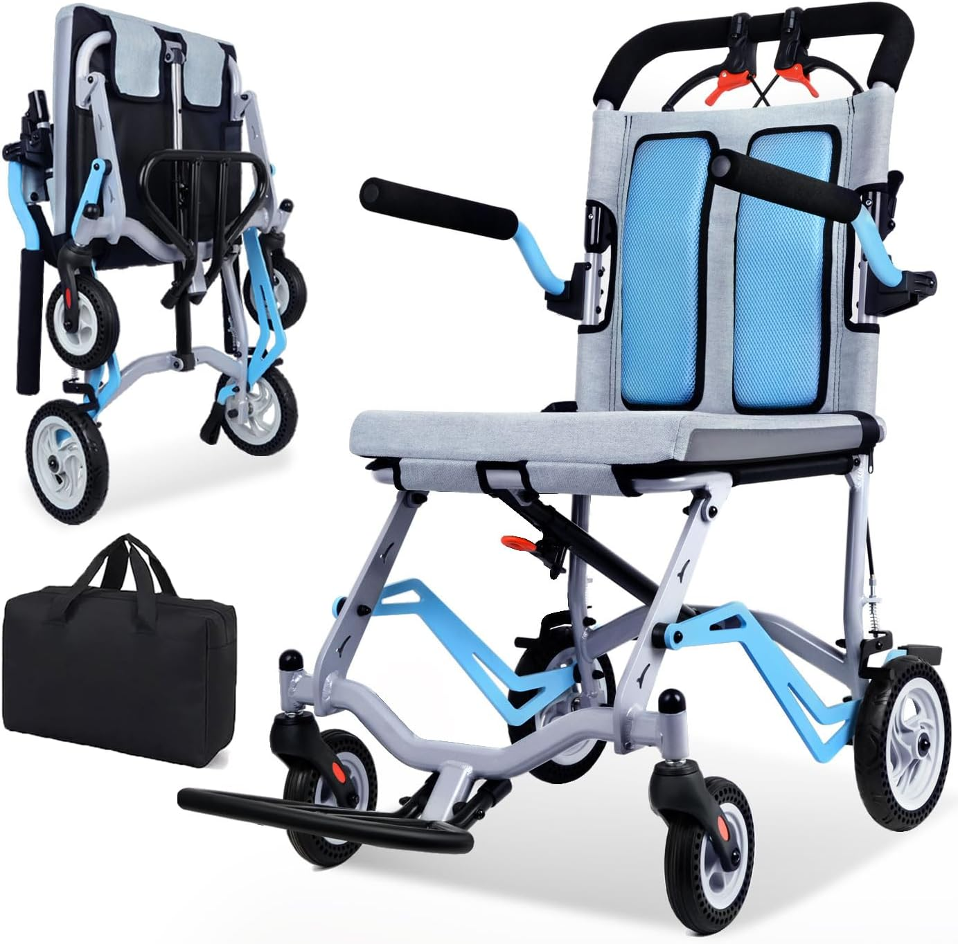 Super Lightweight (Only 19Lbs) Portable Transport Travel Wheelchair, Folding Transit Wheelchairs for Adults and Seniors Support 220Lbs, Lightweight Aluminum Wheelchair for Elderly Blue image number 4