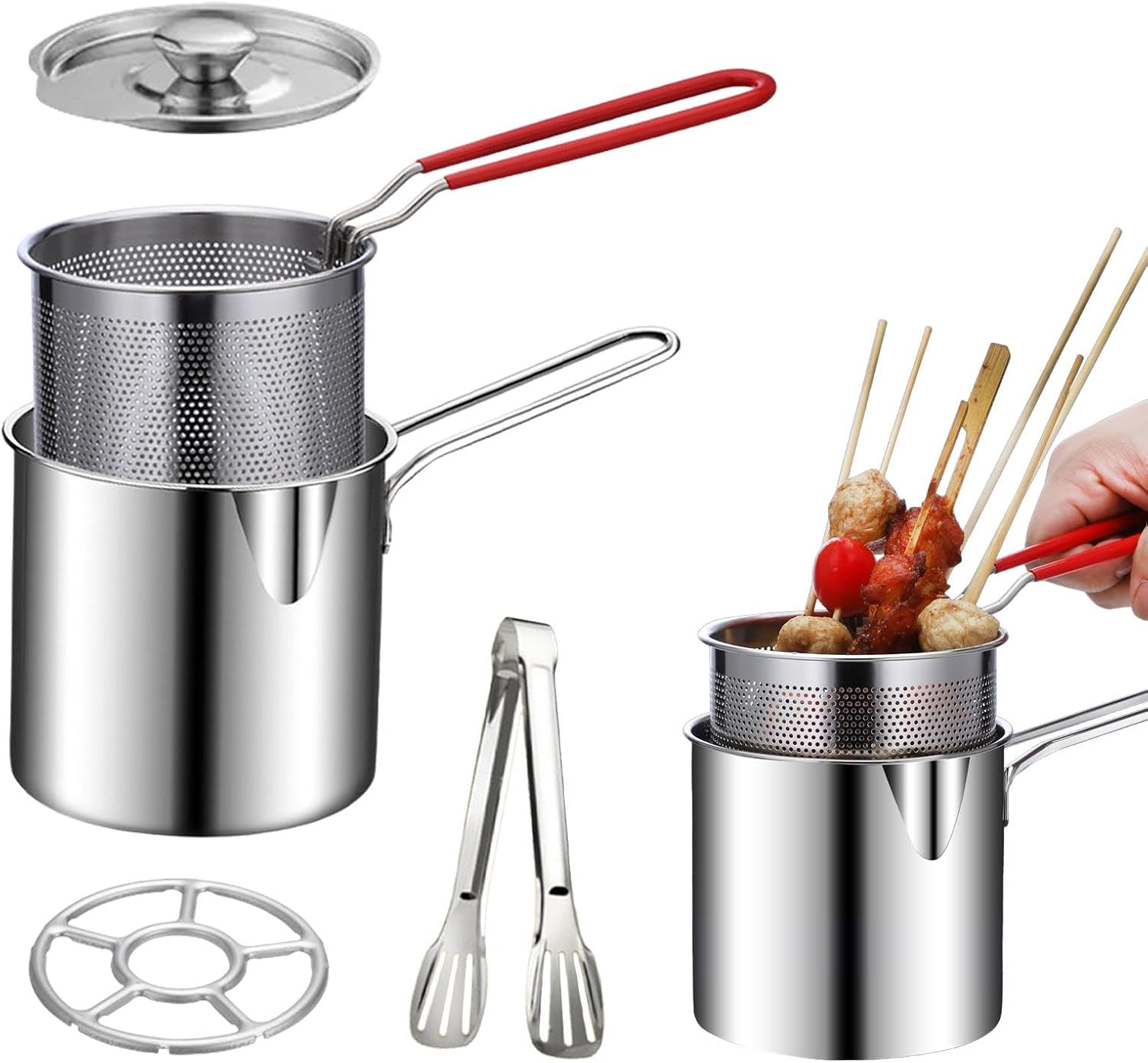 304 Stainless Steel Deep Fryer Pot with Basket, Stove Top Deep Fryer with Easy Grip Handle and Lid, Food Tong, Large Capacity Oil Strainer Pot for Frying Fish Shrimp Fries Chicken image number 6