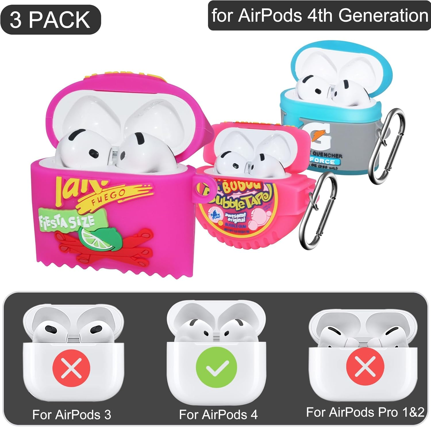 Cute Cover for Airpods 4 4Th Generation Case - 3Pack Cartoon Kawaii Cool Candy Silicone Case Skin for Airpods 4 Case Funny Purple Takis Potato &Blue Sport Water &Pink Bubble Gum Accessory for Boy Girl image number 1