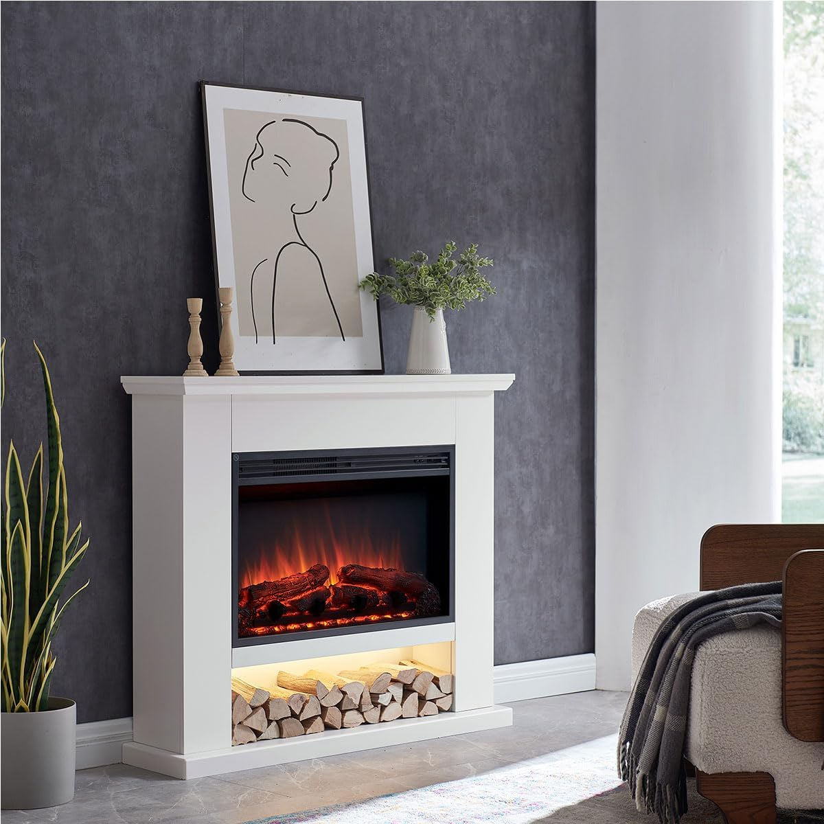 Modaliving Onyx 2000W Electric Fireplace Heater Mantel Suite White Finish Remote Control Timer Adjustable Flame image number 2