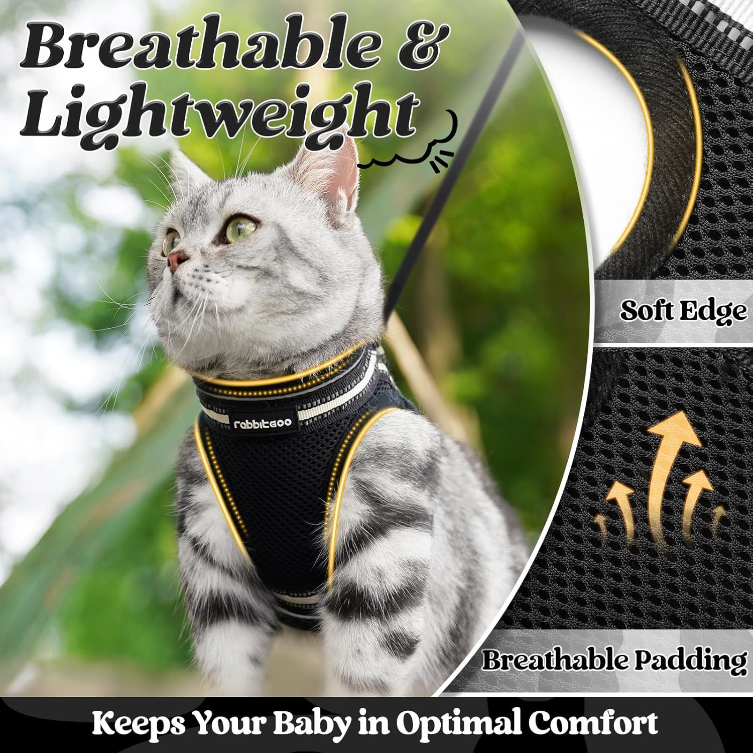 Rabbitgoo Cat Harness and Leash Set for Walking Escape Proof, Adjustable Soft Kitten Vest Harness with Reflective Strip for Cats, Step-In Comfortable Mesh Paded Outdoor Pet Harness, Black, M image number 2
