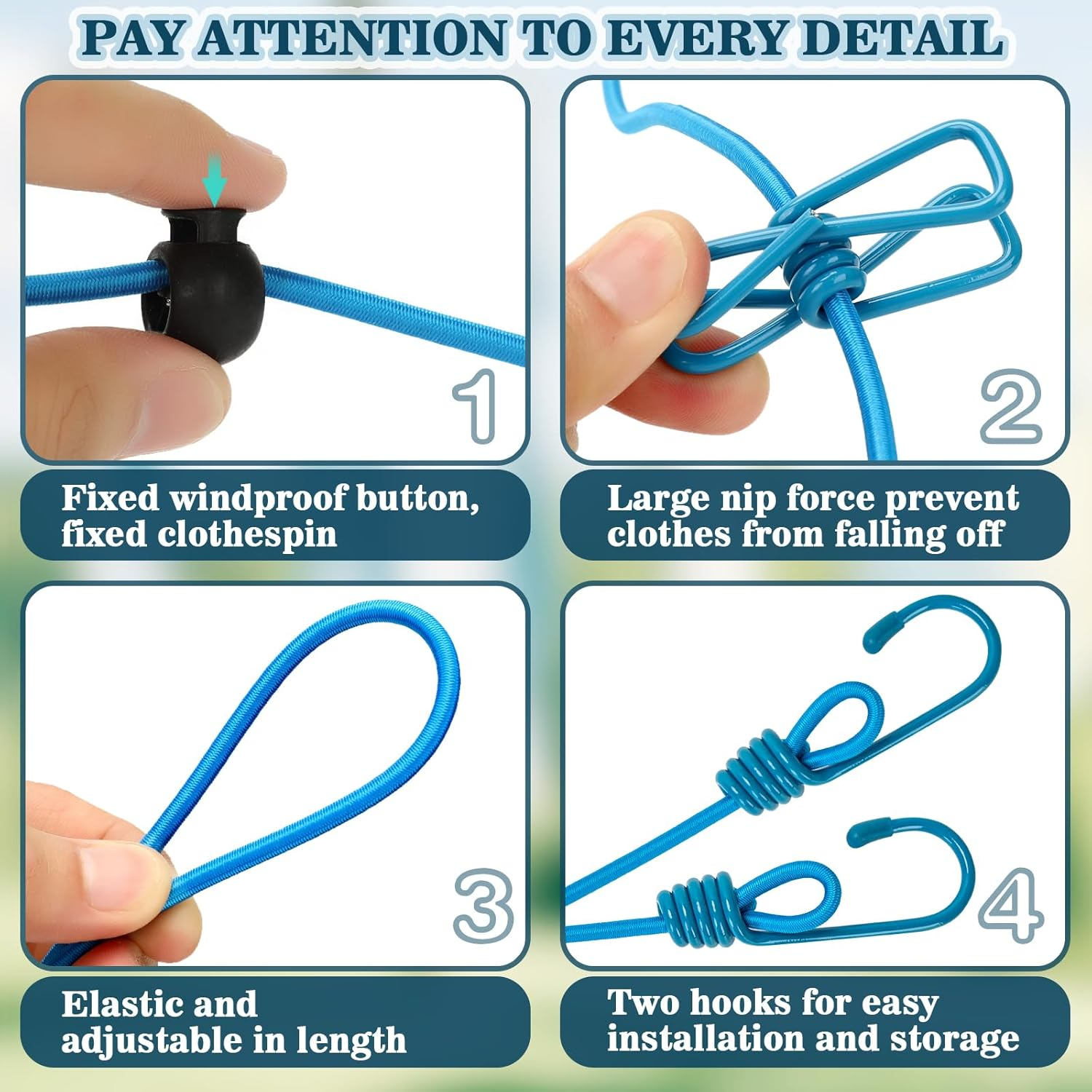 NINEMAX Stretchy Retractable Travel Clothesline - Portable Clothesline with 12 Clothespins, Windproof Camping Clothesline with Hooks, Elastic Clothes Drying Line for Outdoor and Indoor Use image number 4