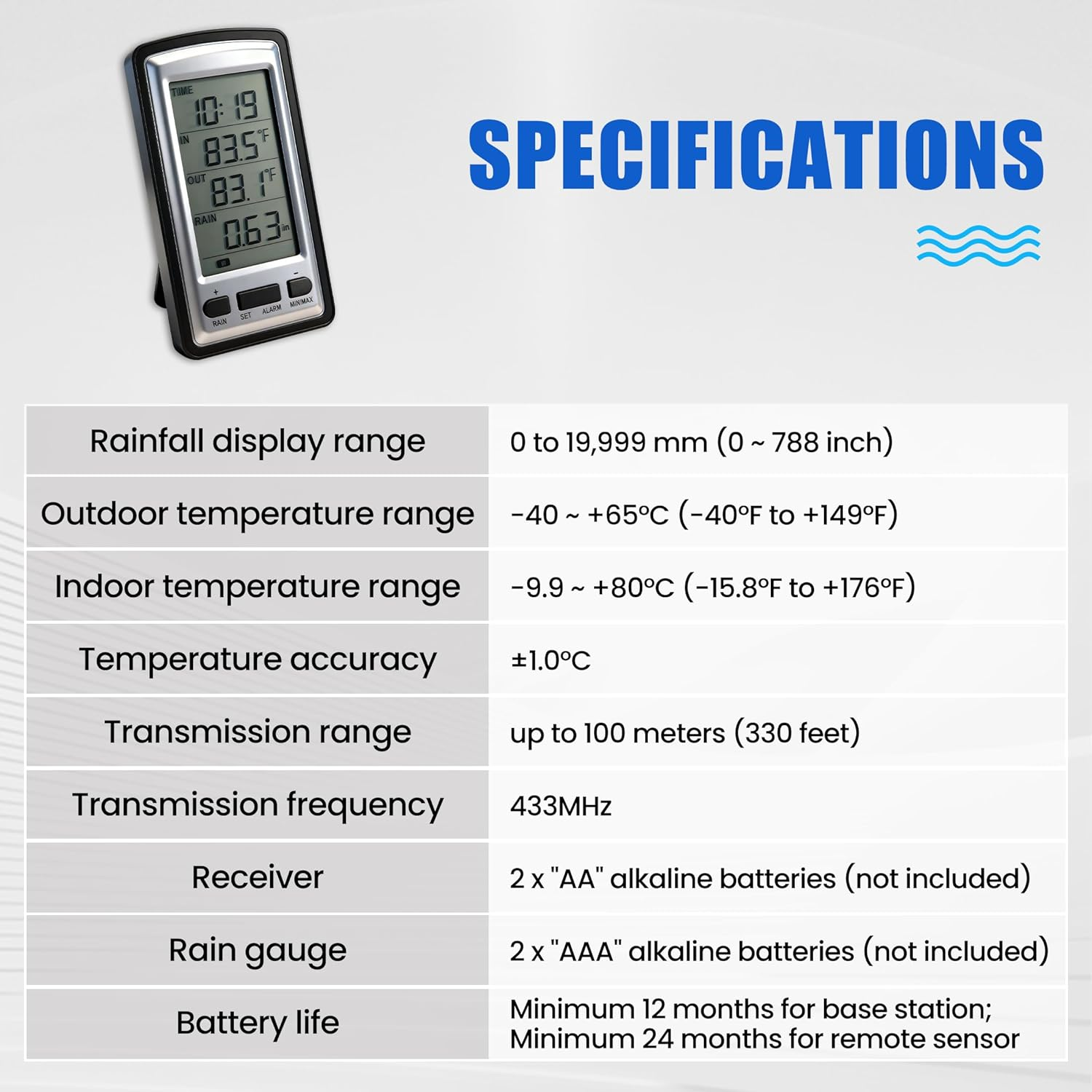 Digital Wireless Rain Gauge with RCC, Rain Weather Station Gauge Temperature Recorder, Indoor Outdoor Temperature Time Calendar Display image number 1