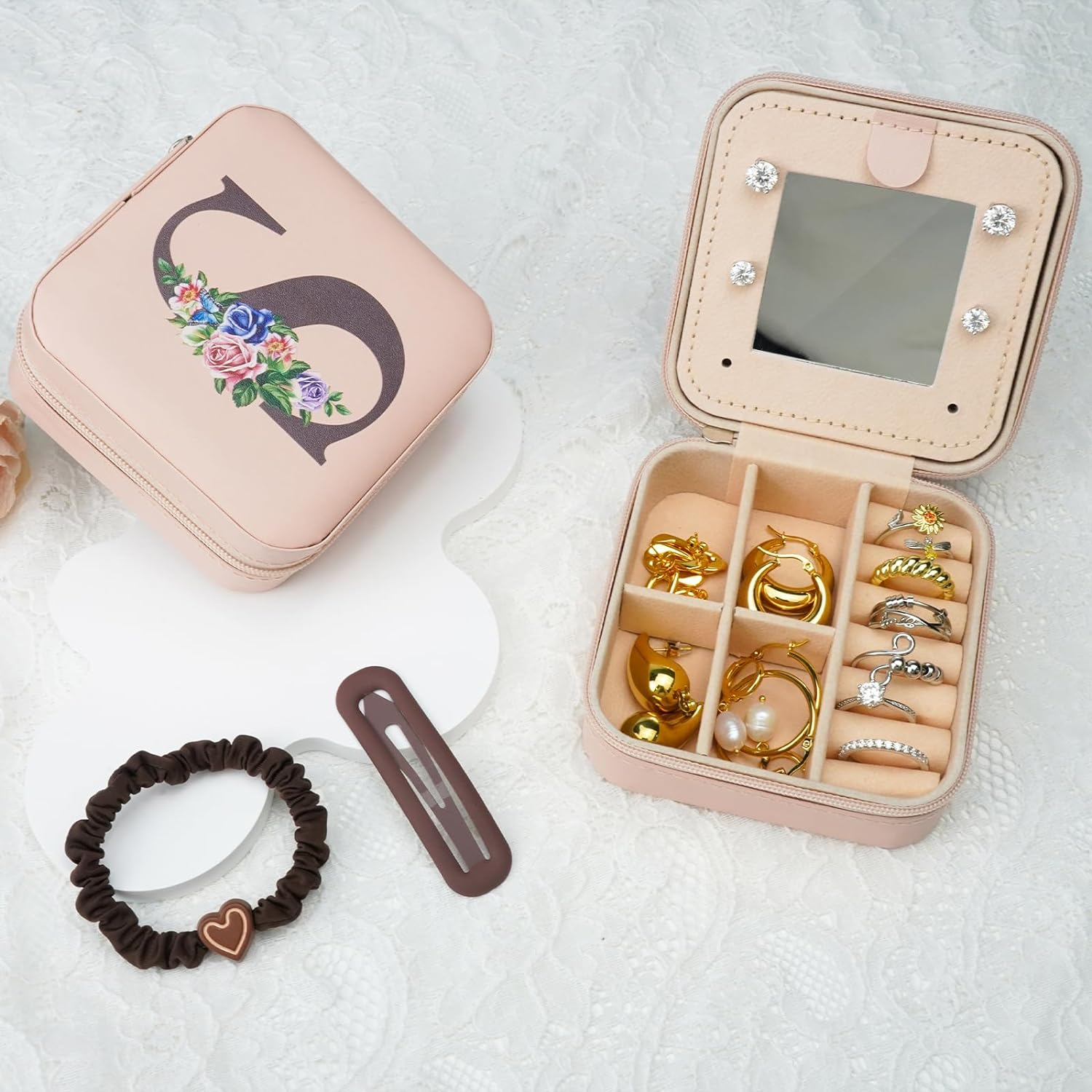 LIAN Travel Jewelry Box Initial Jewelry Case Small Jewelry Case with Mirror Accessories Ring Necklace Earring Jewelry Holder Organizer Birthday Graduation Teen Girl Personalized Gifts(U)