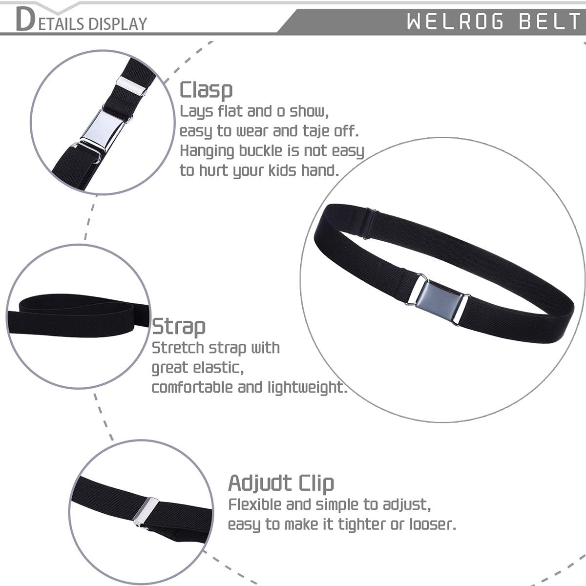 Toddler Kids Adjustable Buckle Belt - Elastic Child Silver Buckle Belts for Girls Boys by WELROG - Black *2 image number 2