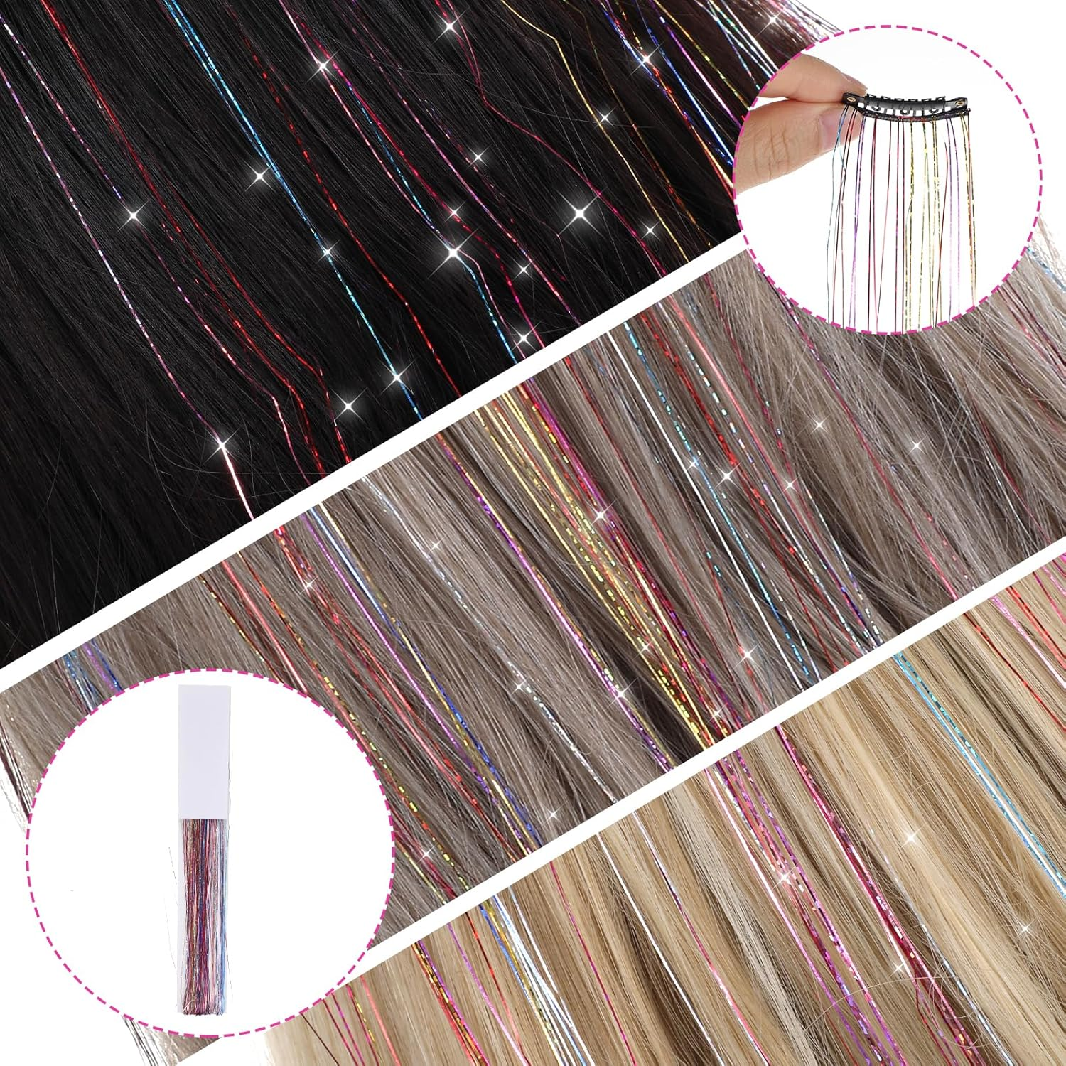 Hair Tinsel 12Pcs Tinsel Hair Extensions 20 Inch Clip in Glitter Hair Extension Colorful Hair Tinsel Hair Glitter Strands Tinsel Kit Hair Accessories for Women Girls Cosplay Halloween Party Festival image number 2