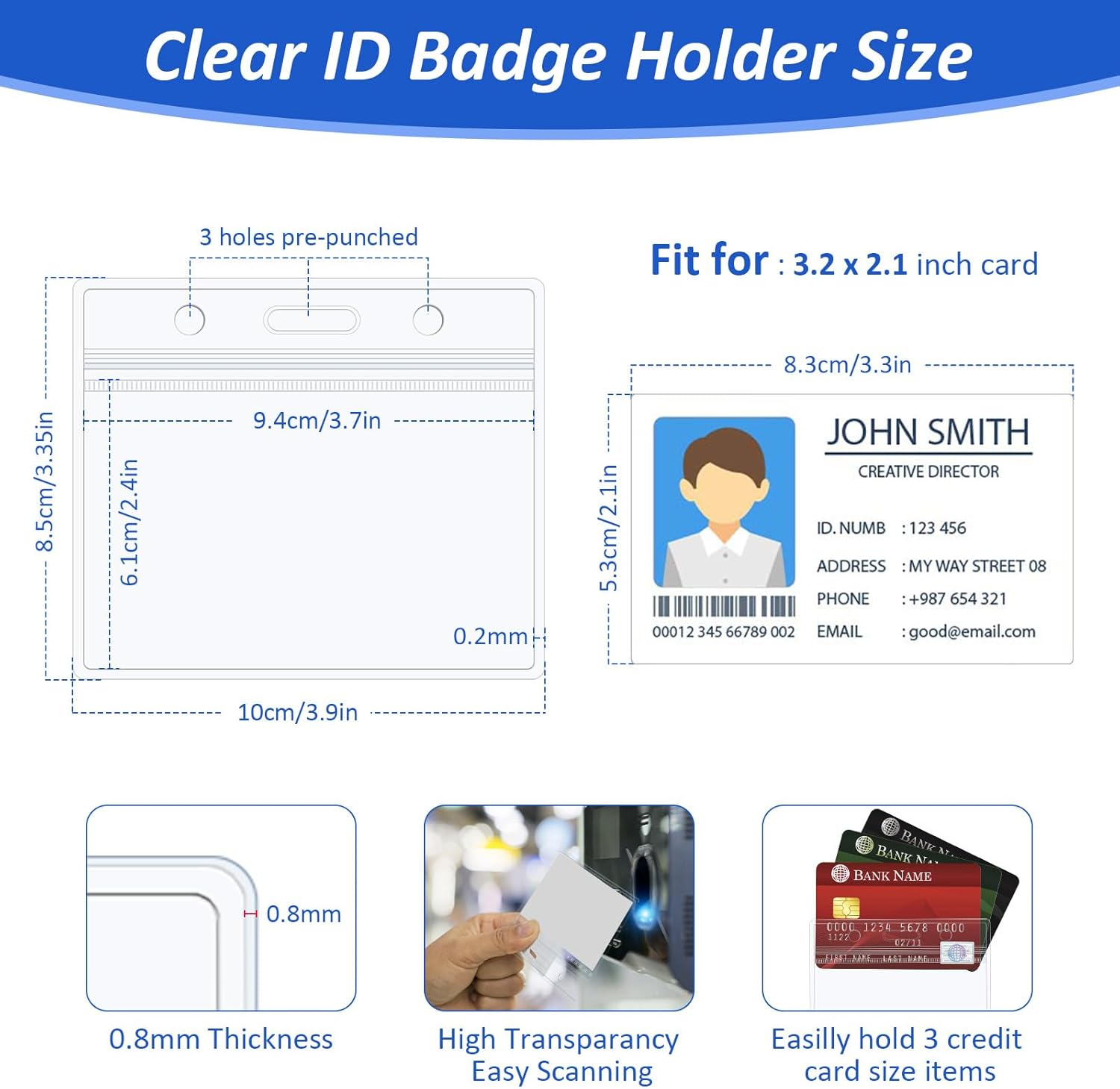 Heavy Duty Retractable Badge Holders with Carabiner Reel Clip and Extra Thick Clear Name Tag ID Card Holders,1Pcs Horizontal Waterproof Card Protector+3 Extra Key Chain Carabiner image number 2