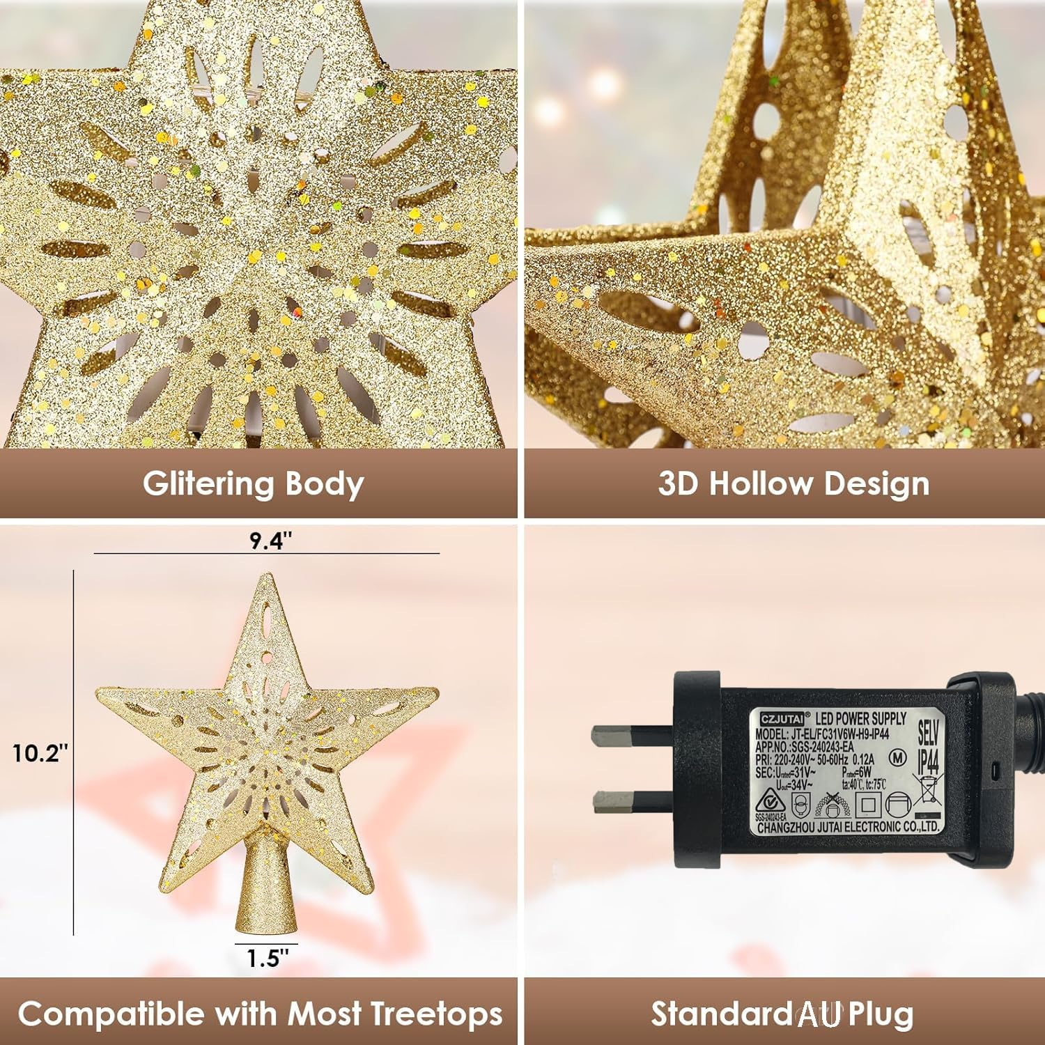 Christmas Tree Topper Lighted Star with 6 Projected Patterns,3D Hollow Sparkling Star Christmas Tree Topper with Rotating Magic Projector for Christmas Tree Ornament