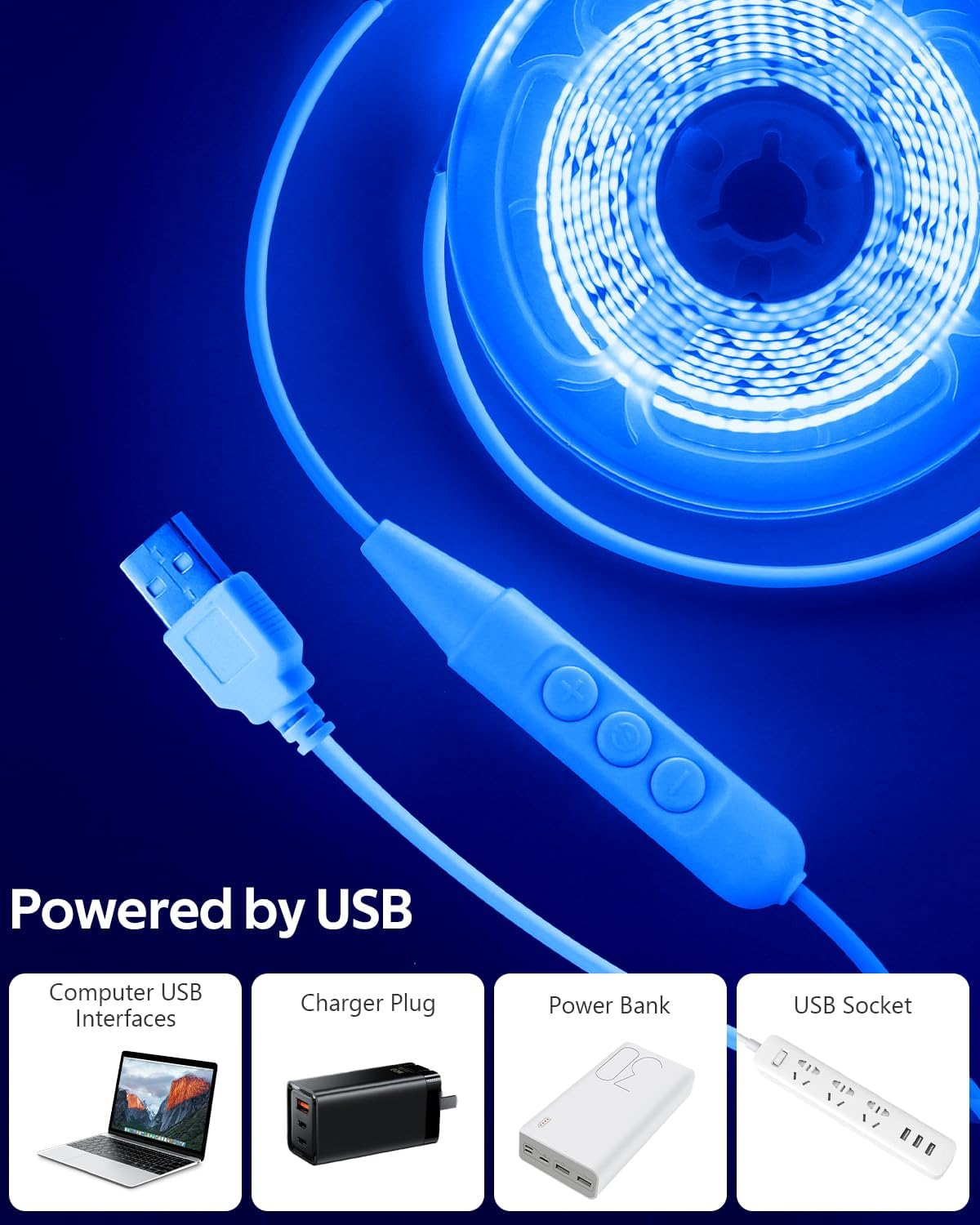 Aclorol 3M 5V USB COB LED Strip Light Ice Blue Dimmable Flexible Light Strip 960 Leds 8Mm Width LED TV Backlight with 1.5M USB Cable for Indoor Christmas Holiday Party DIY Lighting Decoration image number 4